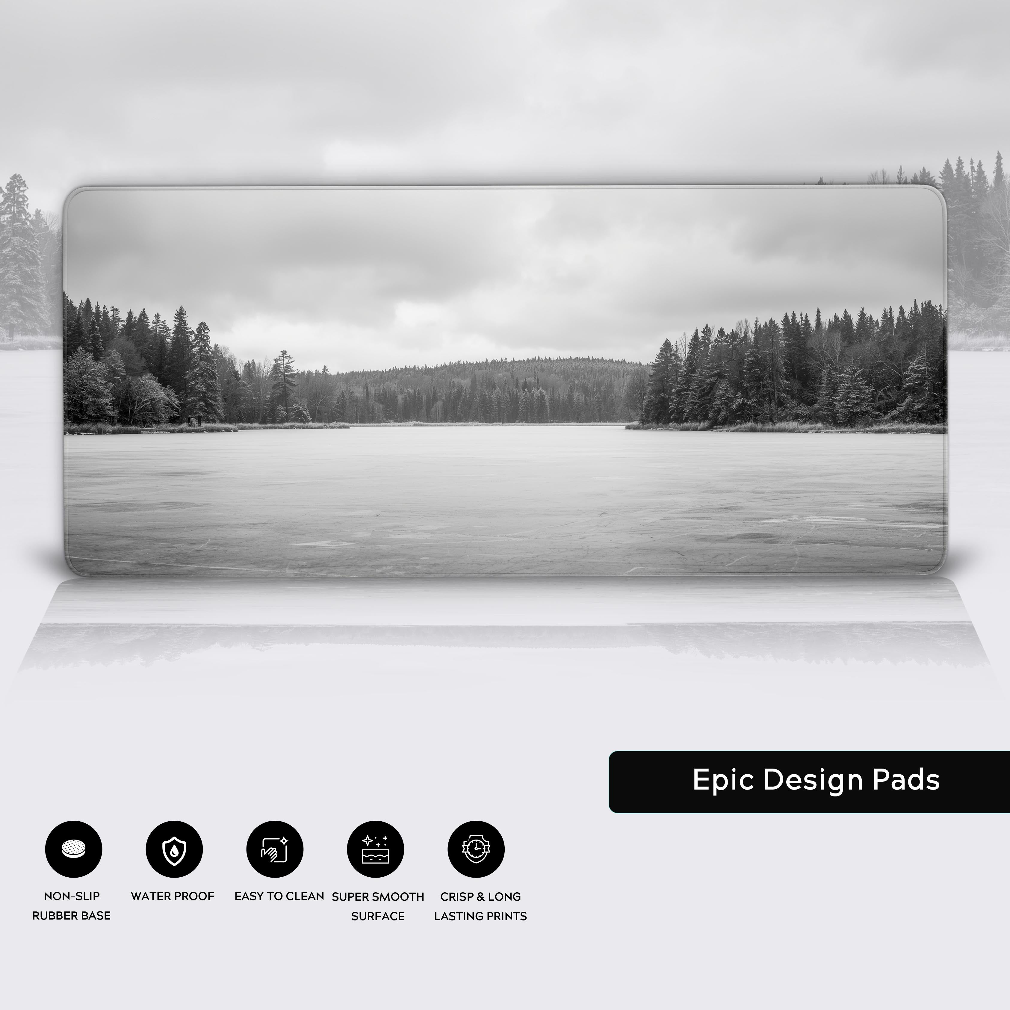 Black and white Frozen Lake desk mat – close-up view highlighting the durable stitched edges, waterproof surface, and non-slip rubber base. - Epic Design Pads