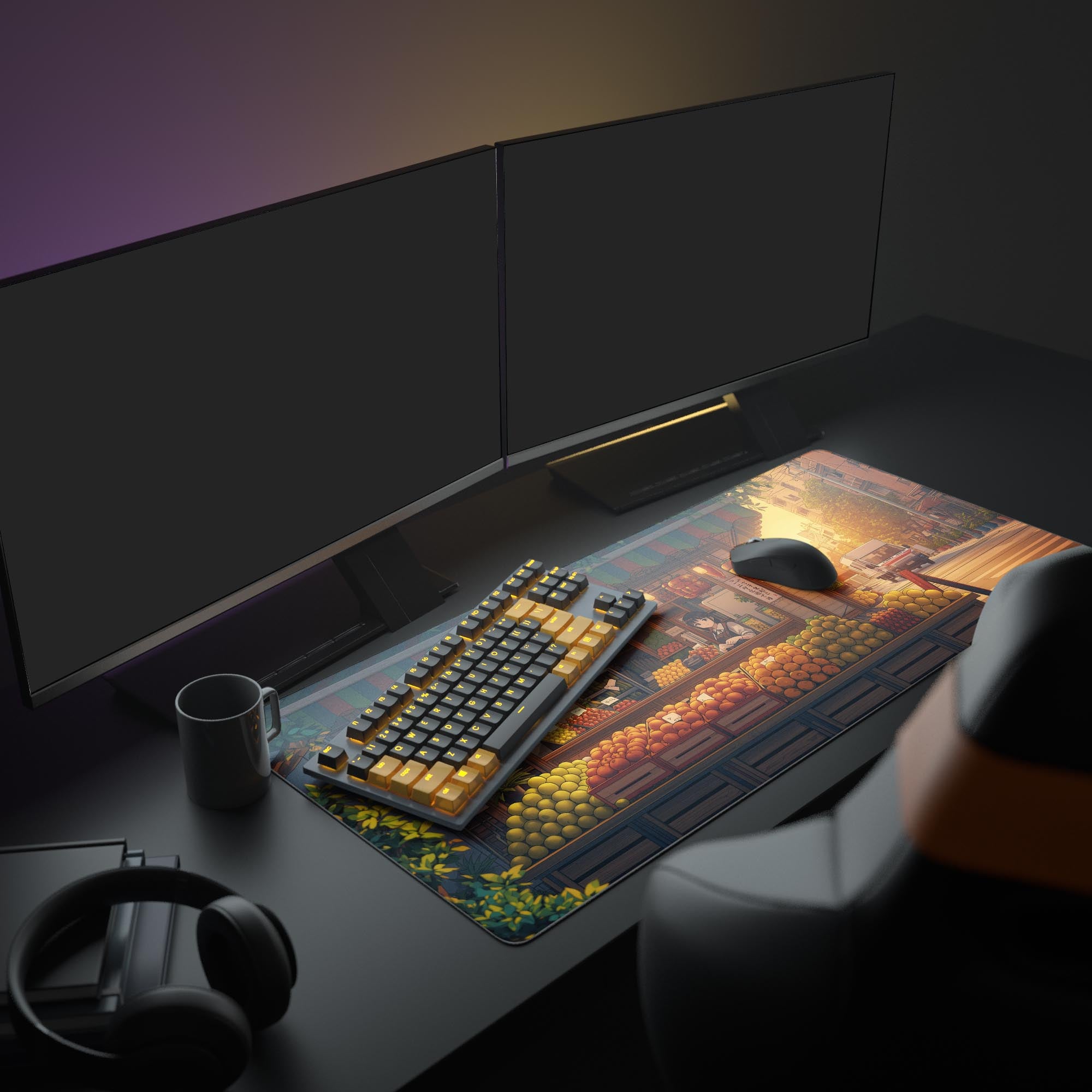 Large anime desk mat with cozy Japanese fruit stand art – shown in a lofi gaming setup with dual monitors, keyboard, and headphones.