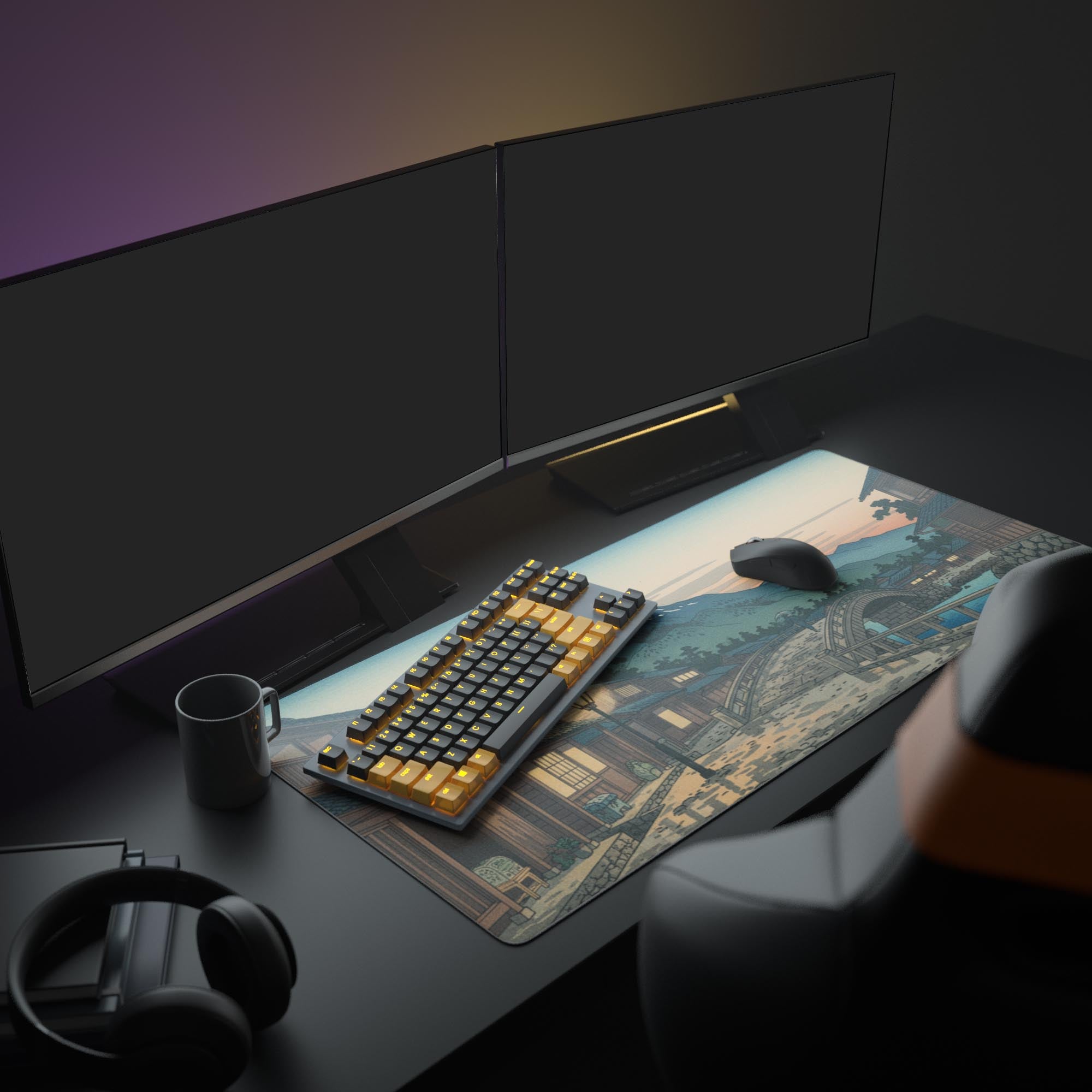 Large Fuji at Dusk desk mat featured in an aesthetic office setup with a monitor, plant, and keyboard, enhancing the workspace decor. - Epic Design Pads