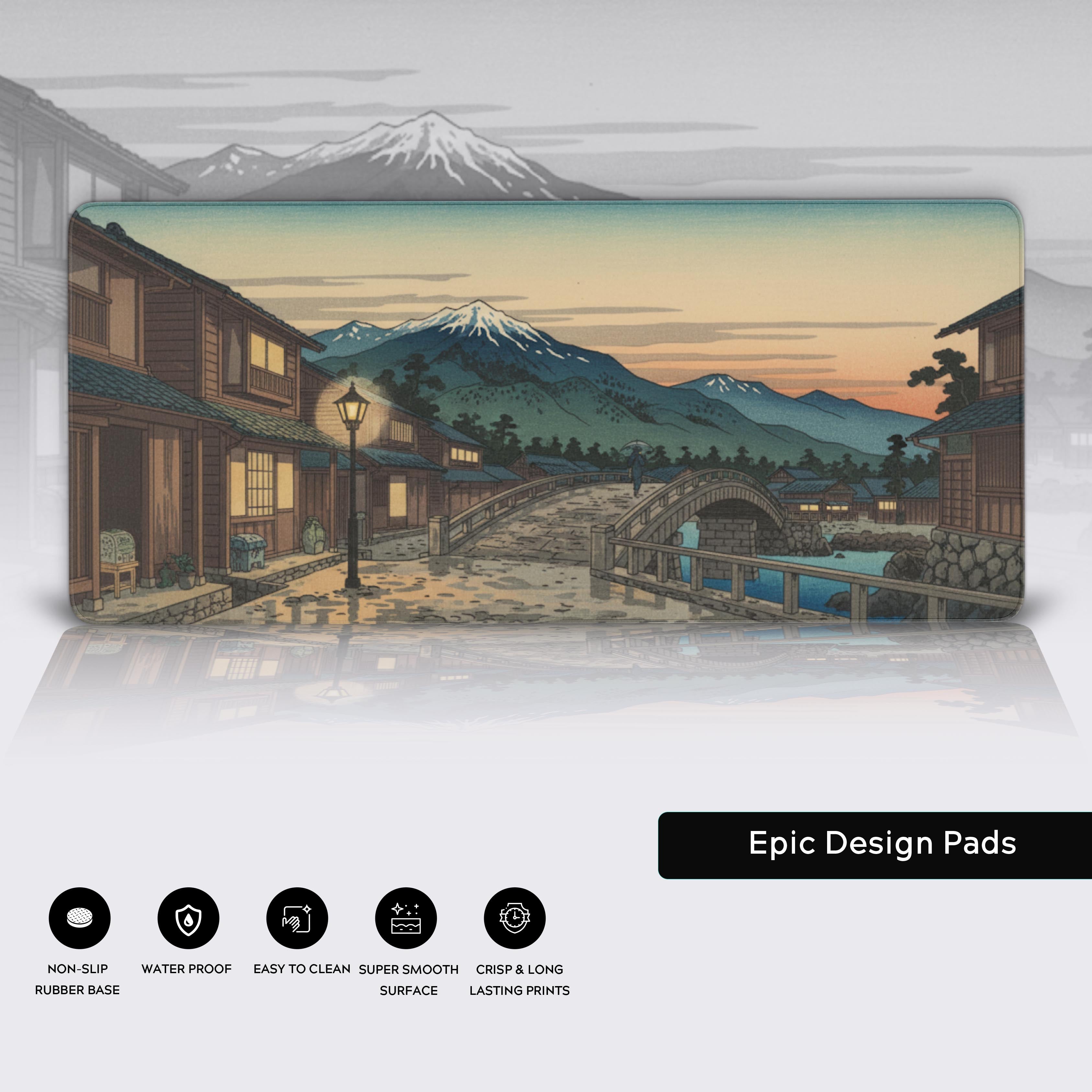 Close-up view of the Fuji at Dusk desk mat highlighting the detailed print quality, anti-fray stitched edges, and non-slip rubber base. - Epic Design Pads