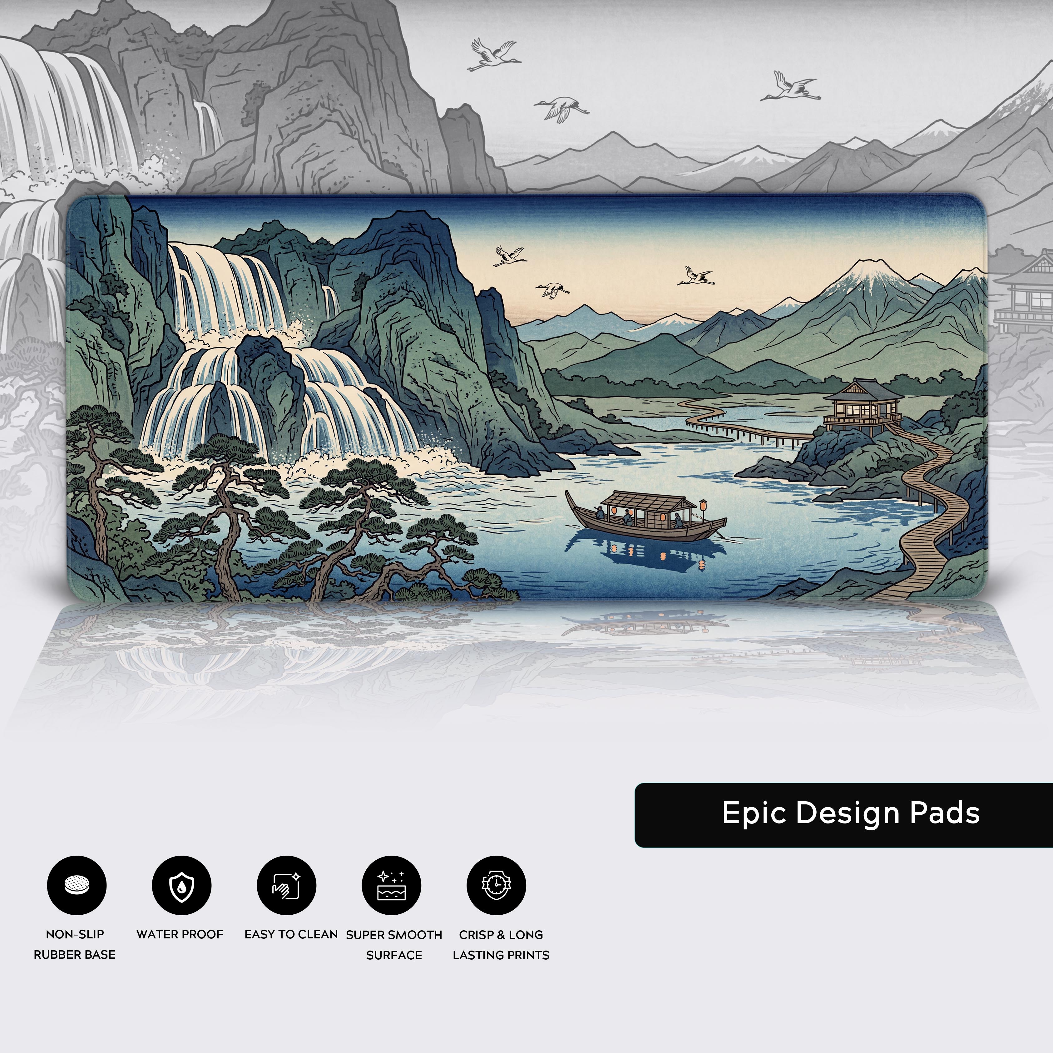 Epic Design Pads Fuji Waterfall gaming mouse pad elevating a minimalist aesthetic desk setup