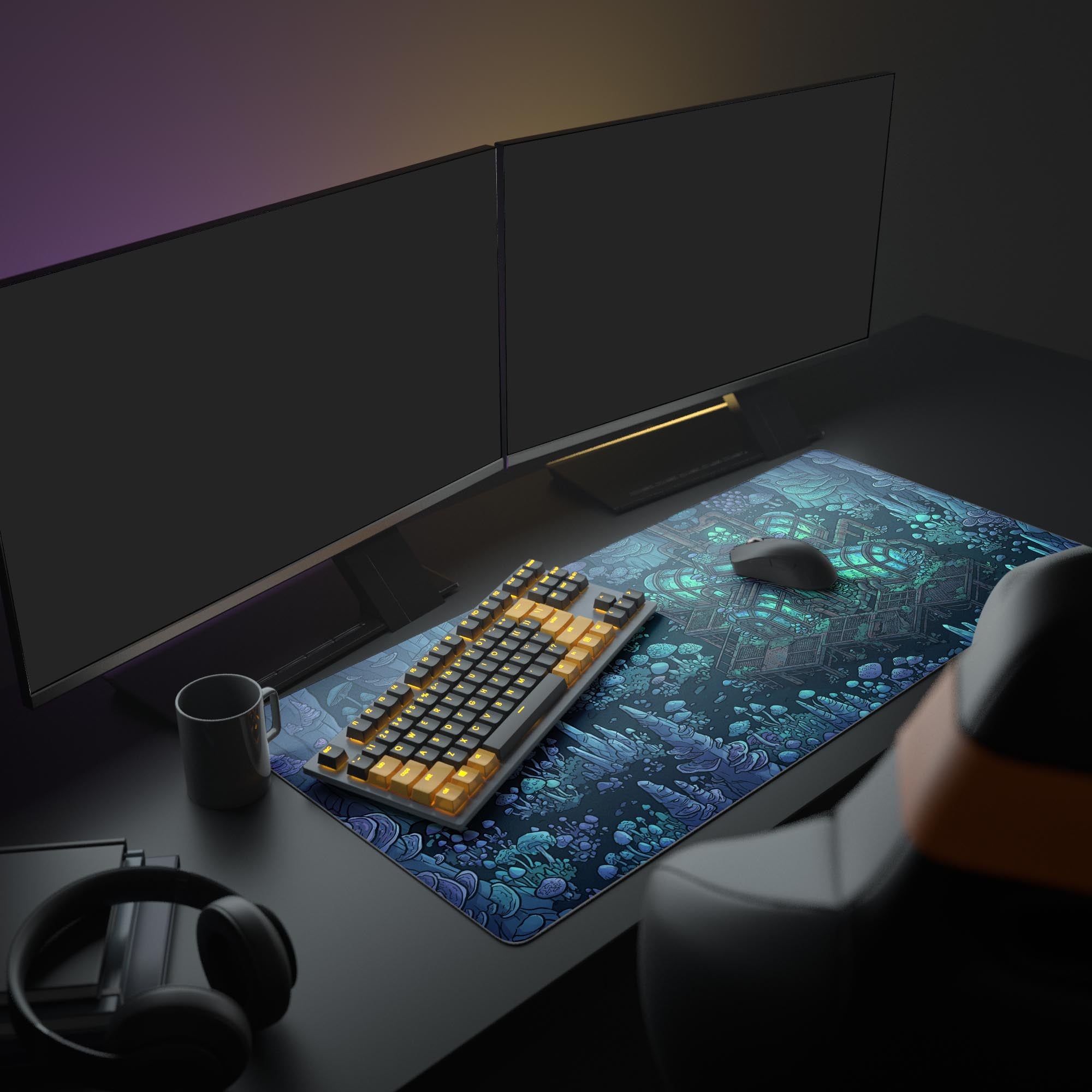 The Fungal Frontier gaming desk mat enhances a full PC setup, its glowing blue and purple mushroom art complementing an RGB keyboard and multiple monitors for an immersive experience. - Epic Design Pads & Mousepads