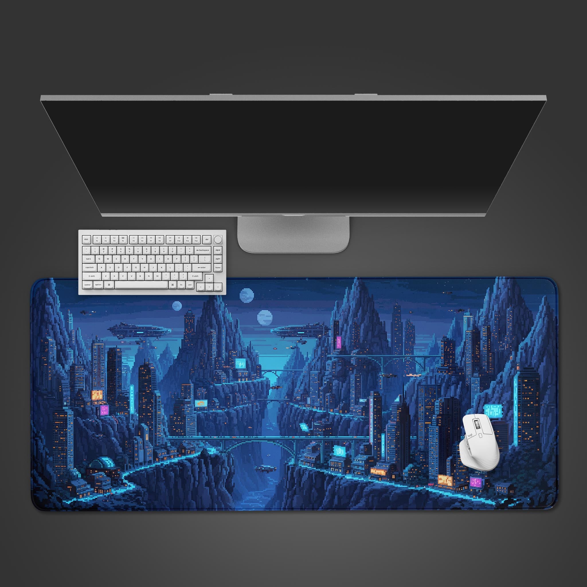 Future Abyss pixel art desk mat featuring a cyberpunk cityscape – top-down desktop view with a mechanical keyboard and gaming mouse. - Epic Design Pads