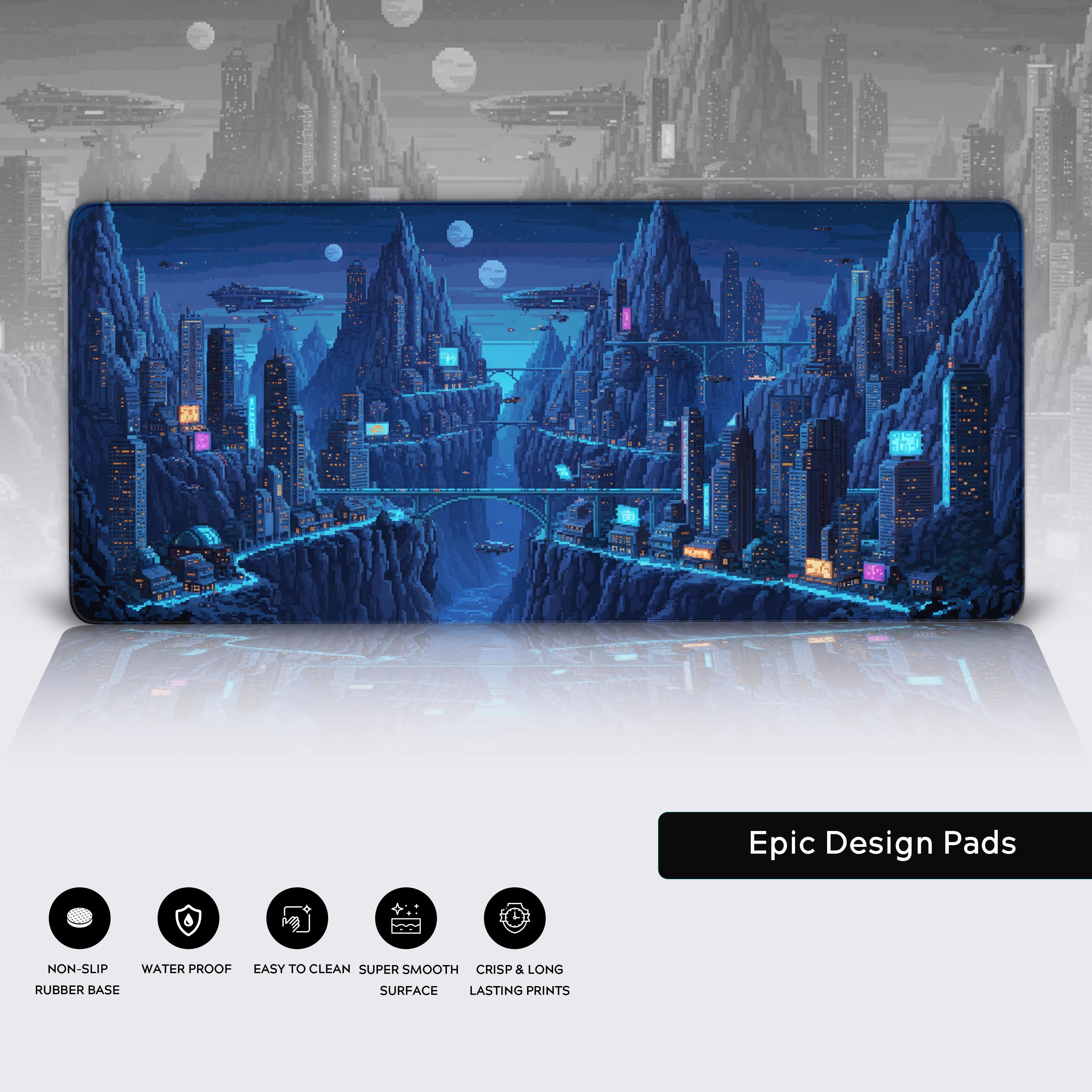 Future Abyss pixel art desk mat showcasing its durable stitched edges, water-resistant surface, and non-slip rubber base for stability. - Epic Design Pads