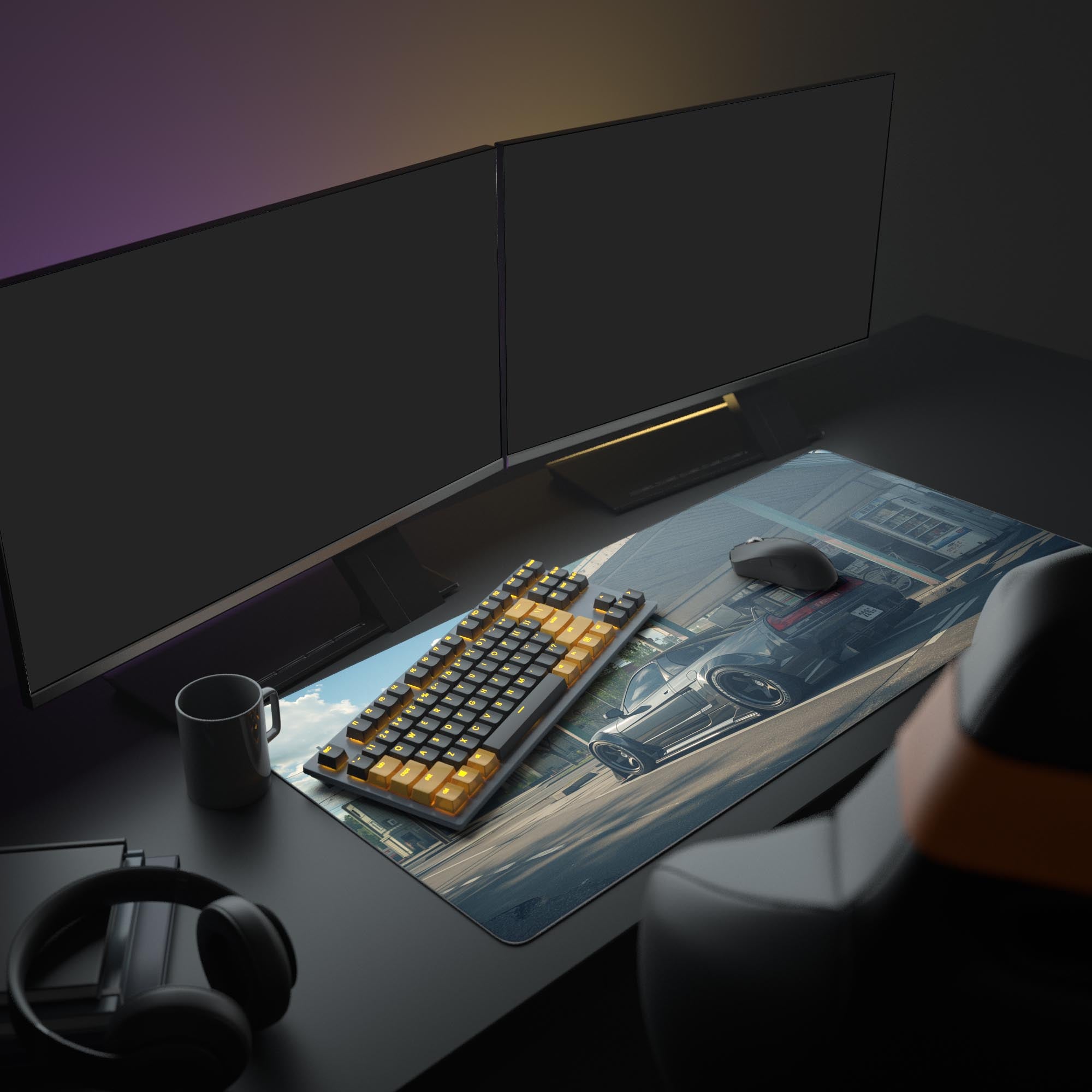 Retro anime desk mat showcasing black Honda NSX in serene setup – shown in minimalist workspace setting. - Epic Design Pads