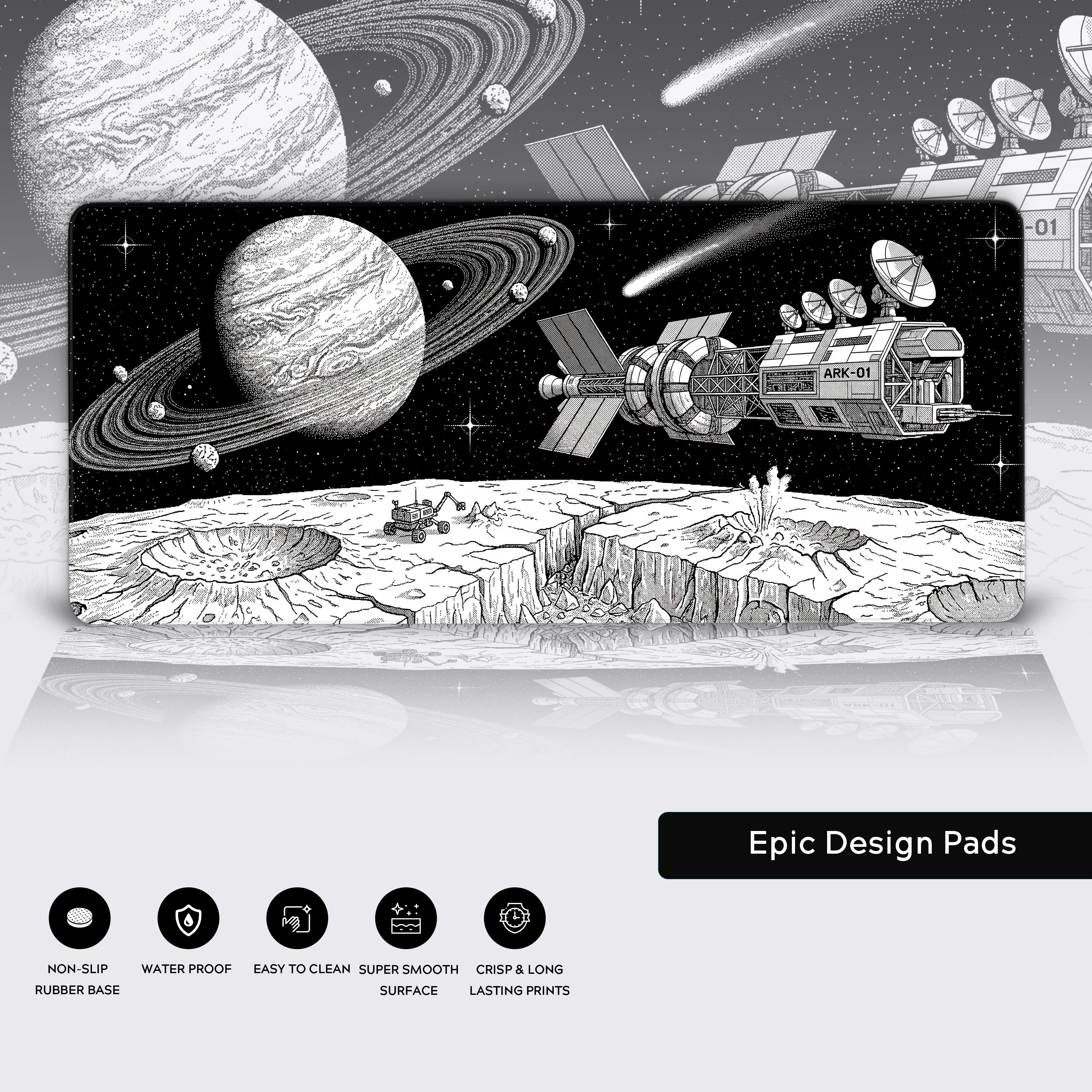 High-quality print details of the cratered moon surface and shooting stars on the desk mat.