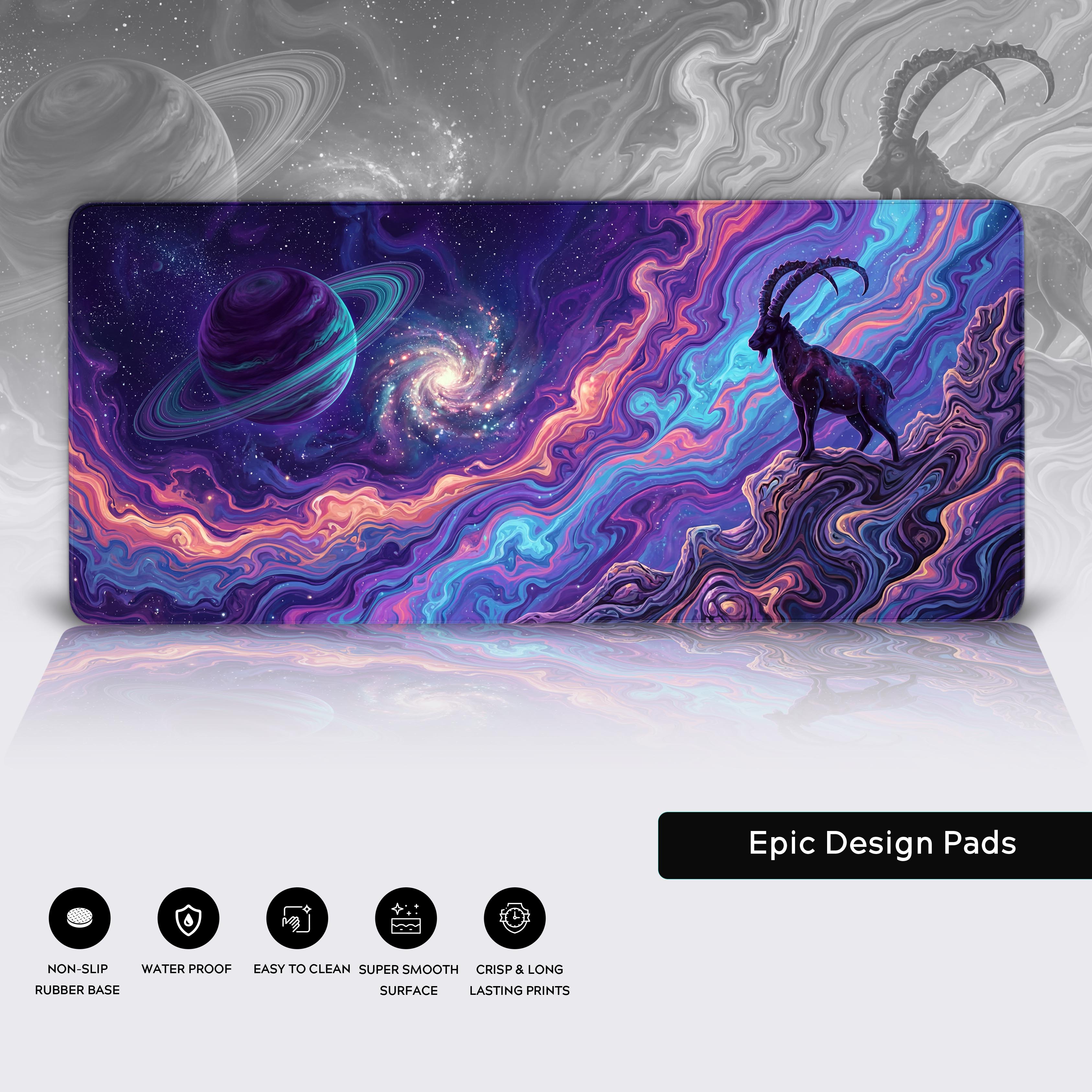 Iconography showing desk mat features including non-slip rubber base, waterproof coating, easy to clean surface, and long lasting prints