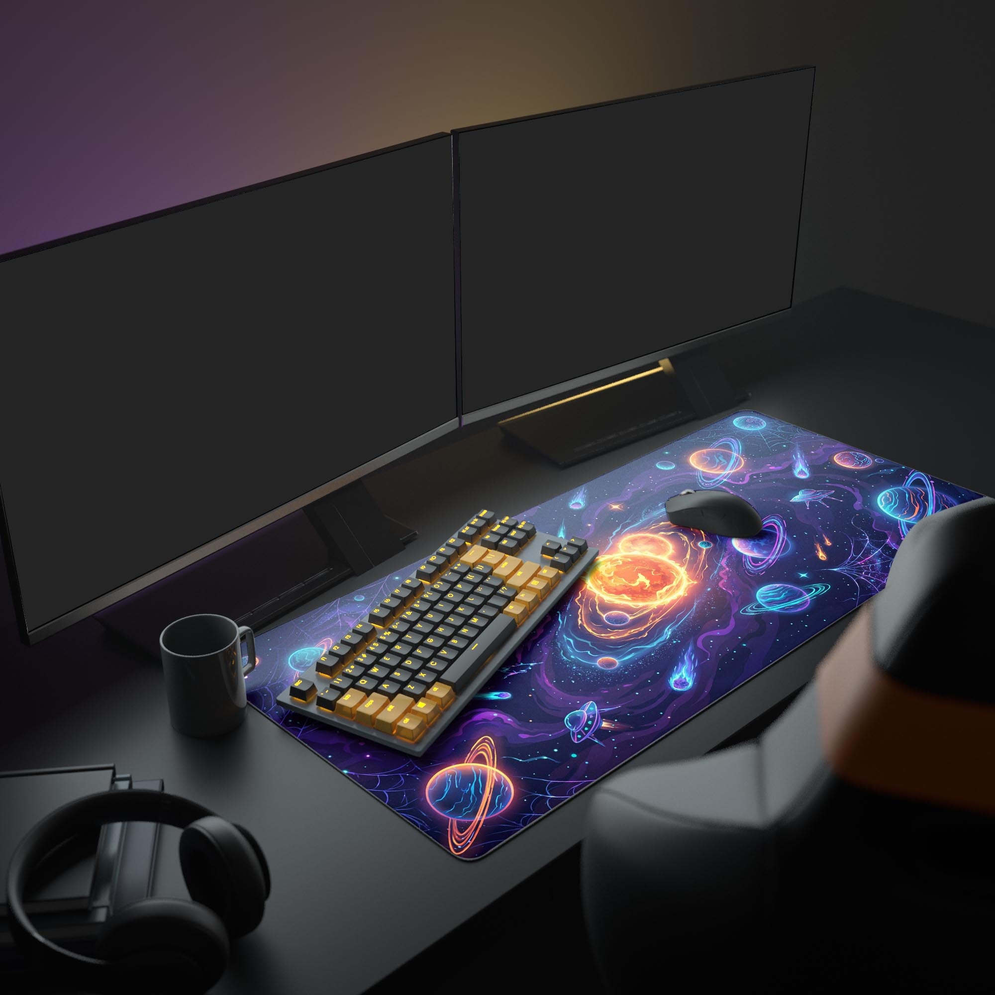A full gaming PC setup featuring the Galactic Nexus mouse pad, which illuminates the desk with its neon purple and orange colors under a large monitor. - Epic Design Pads & Mousepads