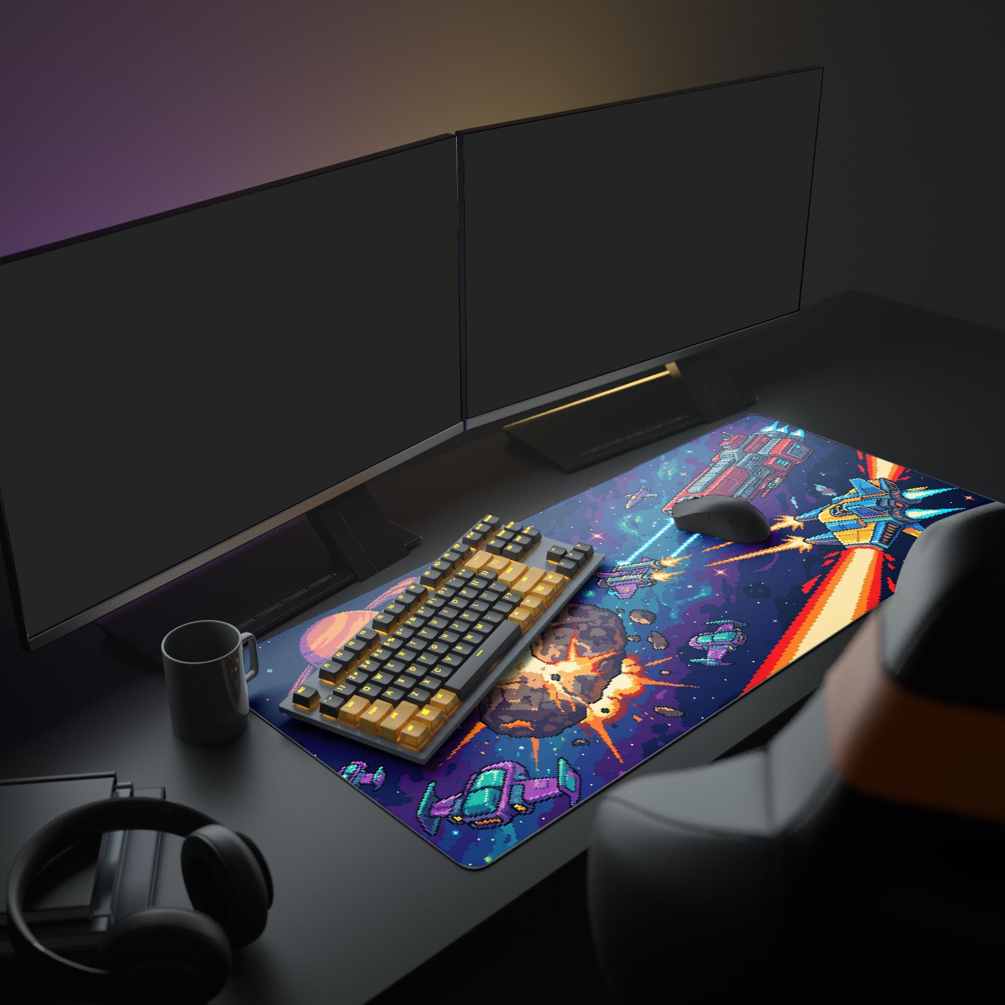 Large Galaxy Battle gaming desk mat in a retro gamer setup with dual monitors and mechanical keyboard. - Epic Design Pads & Mousepads