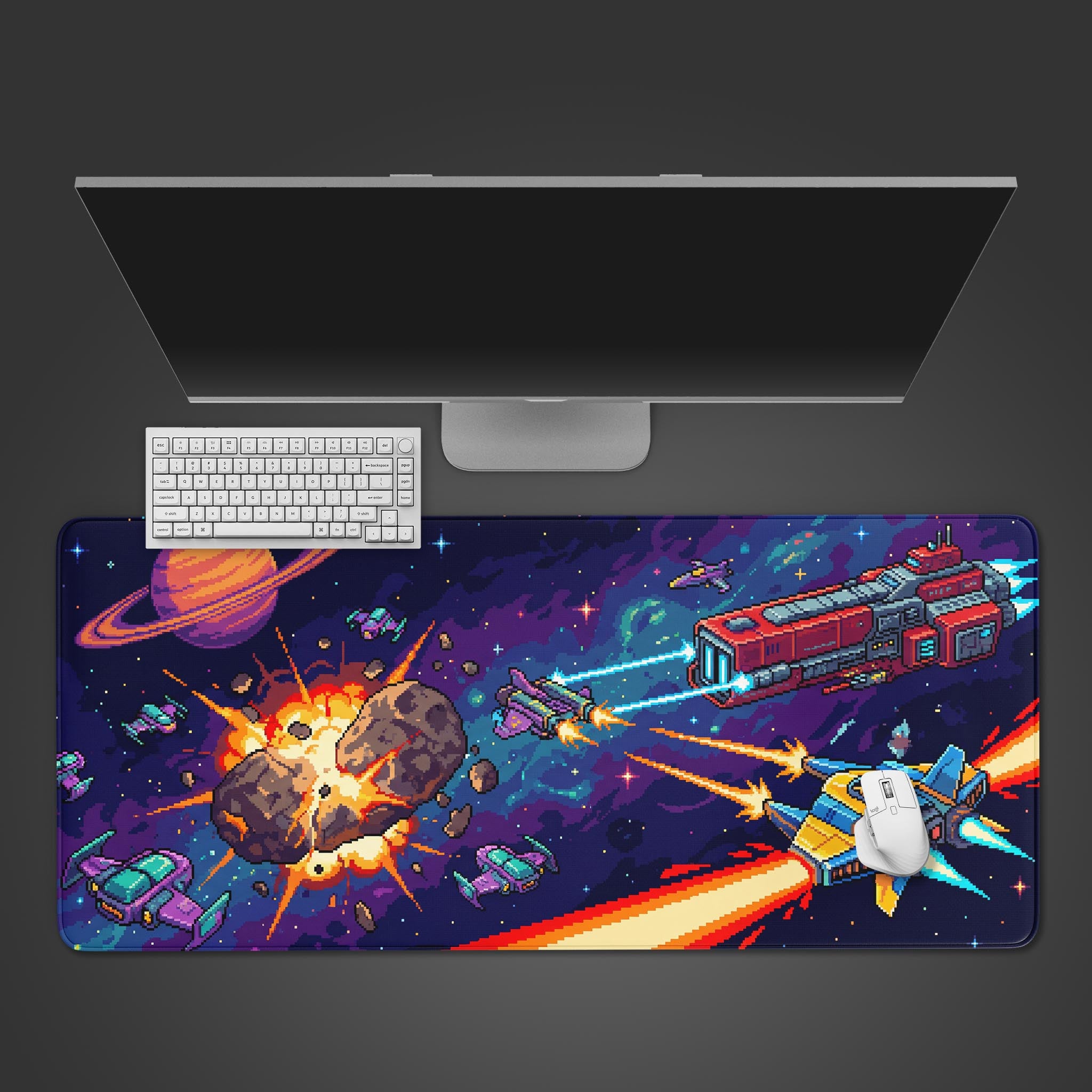Galaxy Battle gaming desk mat with retro pixel art design – top-down view with a keyboard and mouse. - Epic Design Pads & Mousepads