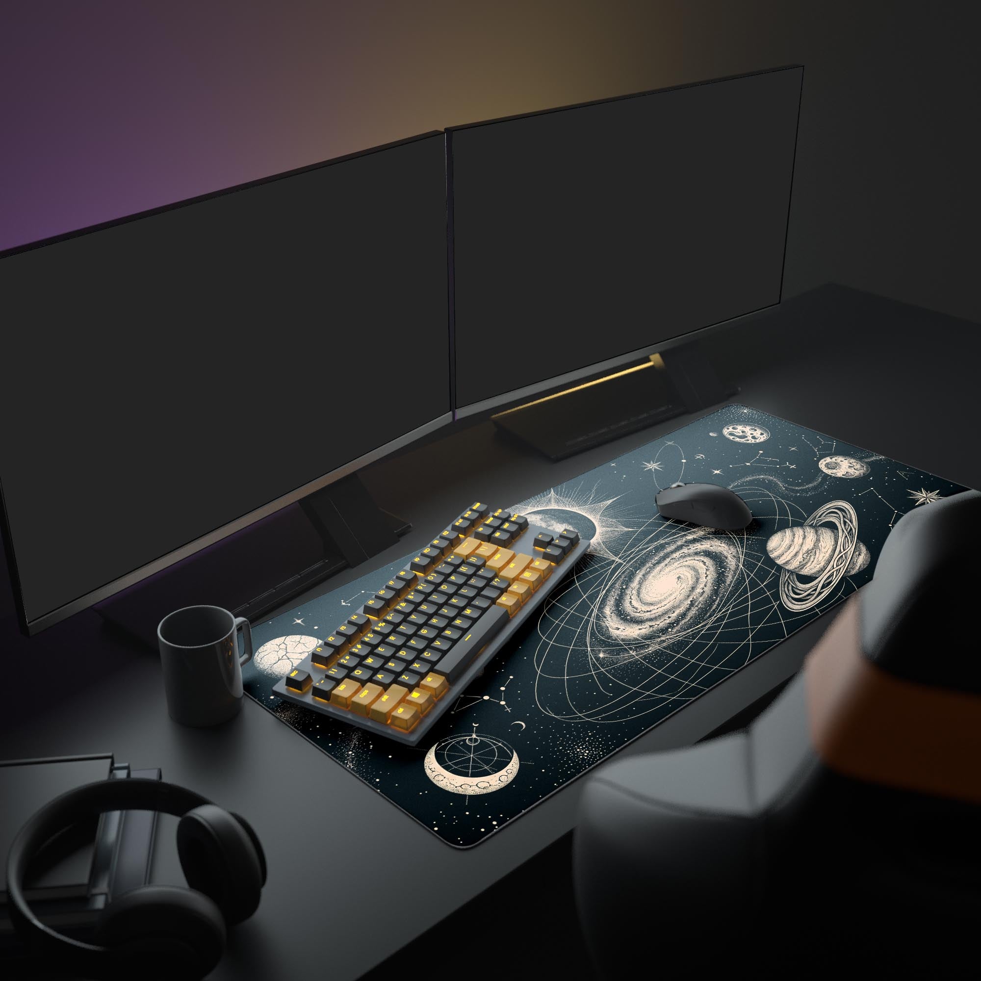 Close-up of the detailed line art showing a ringed planet and solar system on the esoteric gaming mouse pad