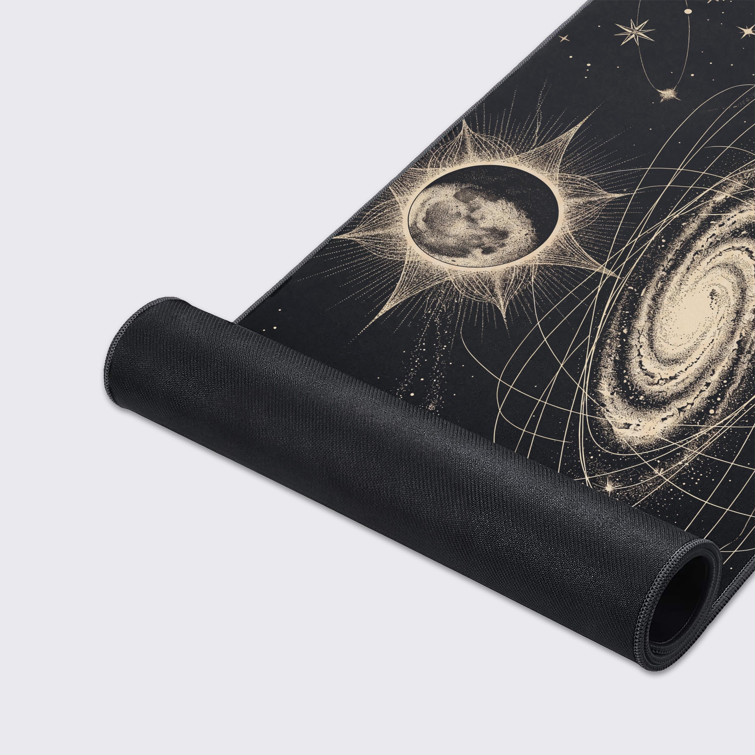 Flat view of the Space & Galaxy aesthetic desk pad showing the central sun and moon designs