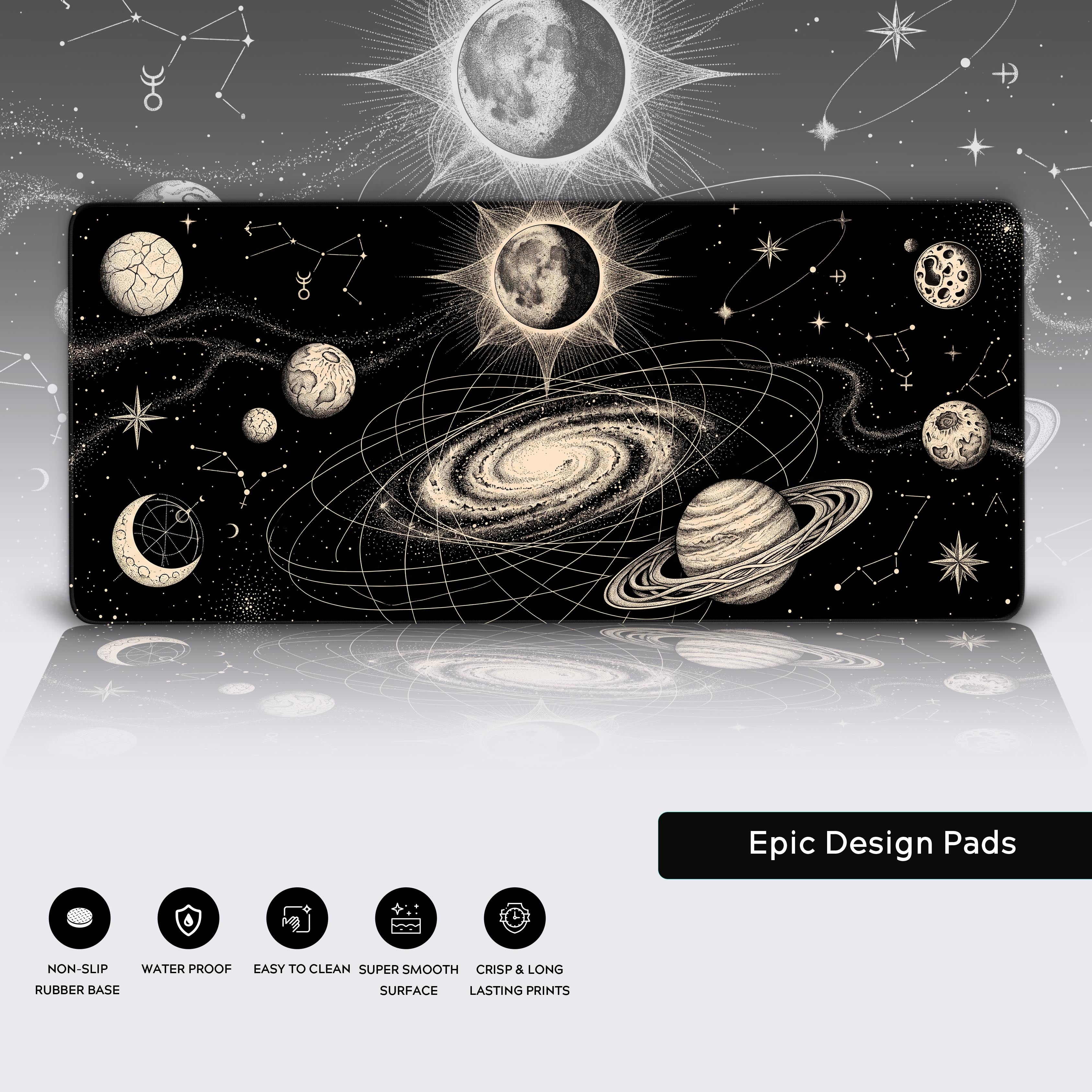 Icons highlighting the desk mat features: non-slip rubber base, waterproof, easy to clean, super smooth surface, and crisp long-lasting prints