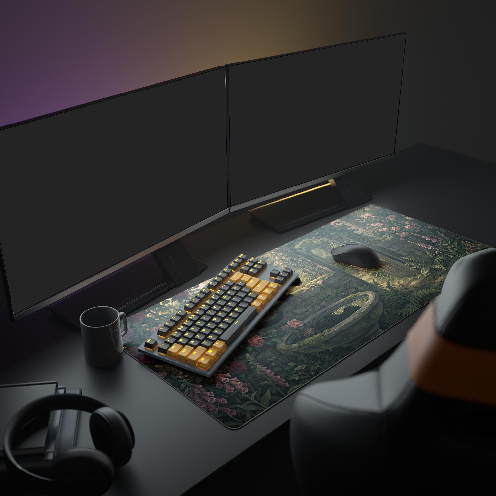 A full PC setup showcasing the Garden Watcher desk mat. The large mouse pad with its dark floral and cat design complements a modern monitor and peripherals. - Epic Design Pads & Mousepads