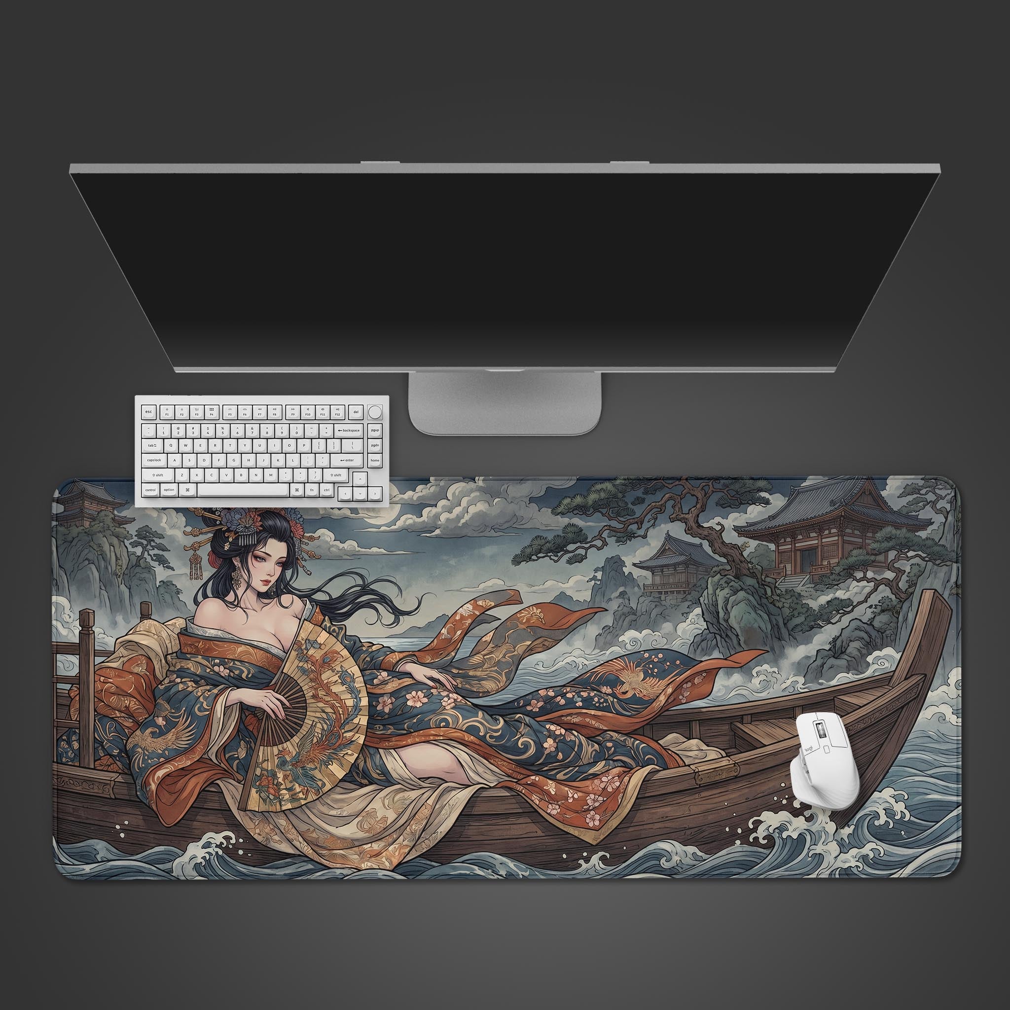 Moonlit Voyage traditional Japanese Geisha desk mat showcasing a woman in a wooden boat