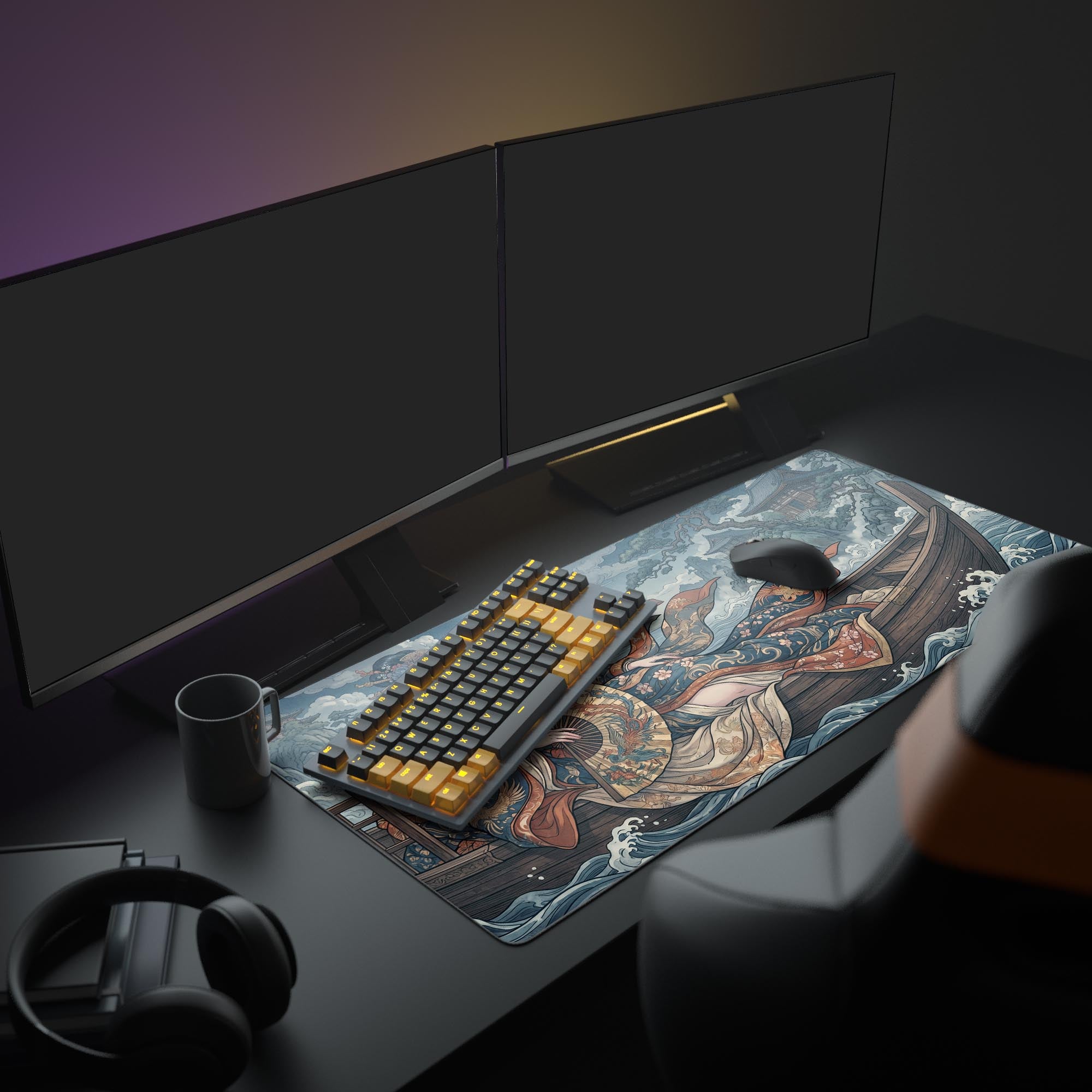 Close-up of the Ukiyo-e style ocean waves and flowing kimono on the Moonlit Voyage mouse pad