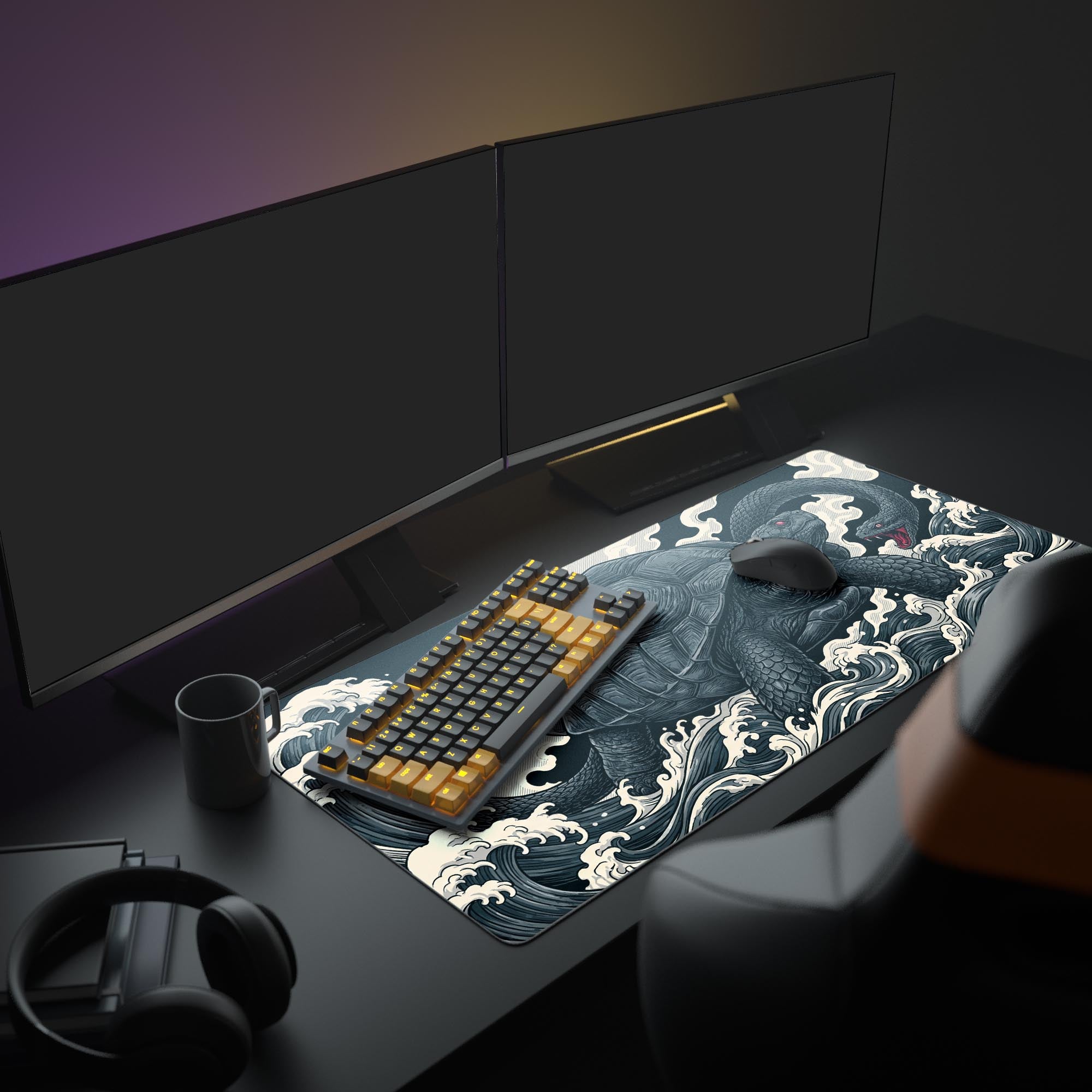 A full gaming PC setup showcasing the large 'Genbu's Wrath' gaming desk mat, which depicts a black tortoise and snake in a Japanese wave style. - Epic Design Pads & Mousepads