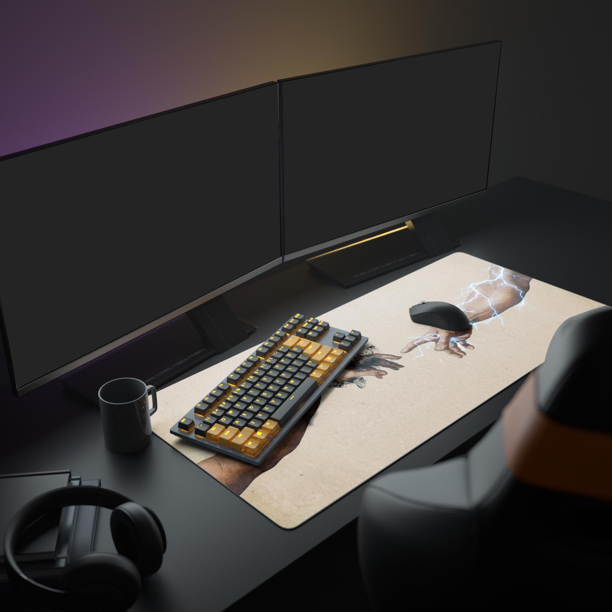 A modern computer setup featuring the Genesis Spark mouse pad, displaying dramatic artwork of hands with smoke and lightning. The setup includes a monitor and an illuminated keyboard. - Epic Design Pads & Mousepads