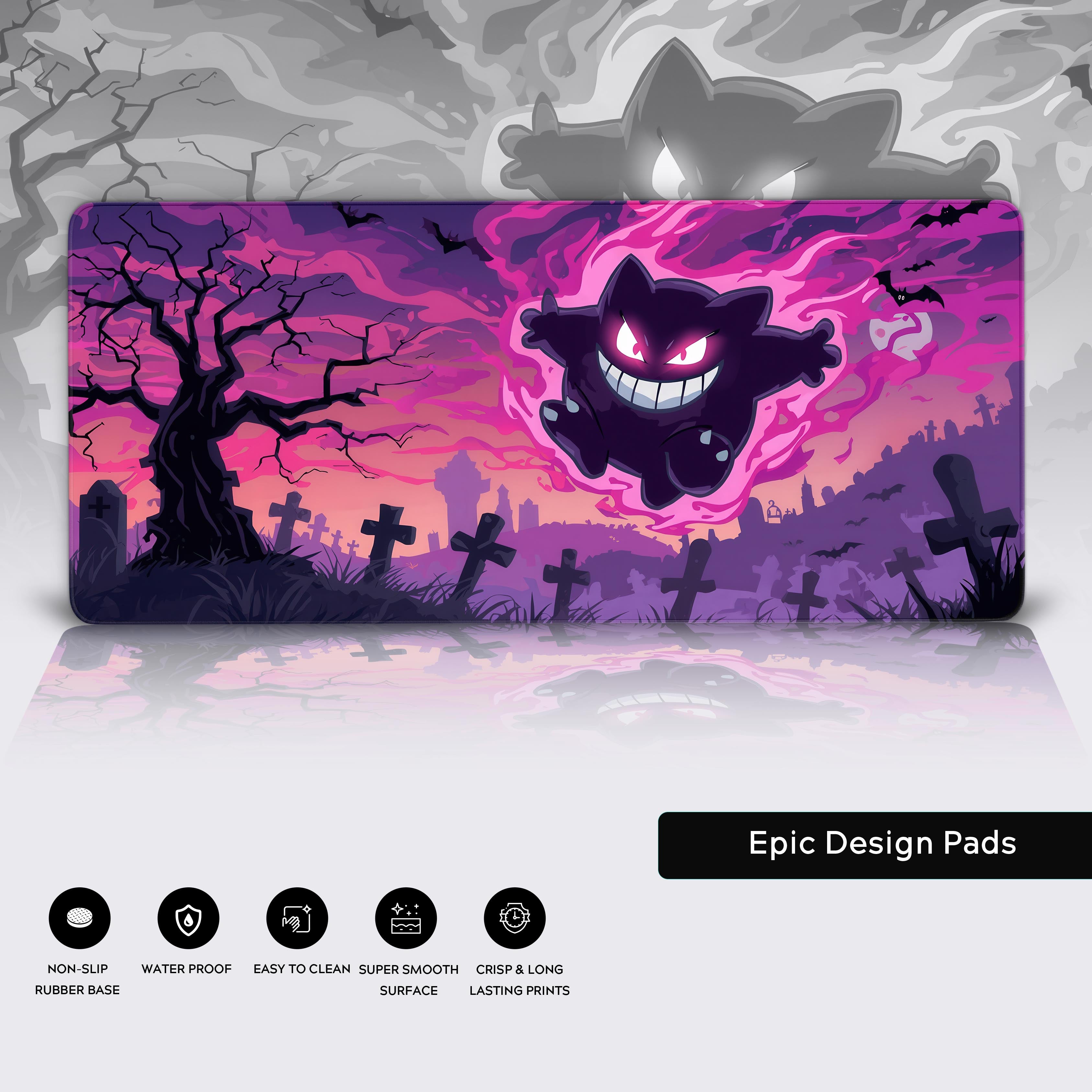 Gaming mouse pad with a dark-themed design featuring gengar pokemon and graveyard scene.