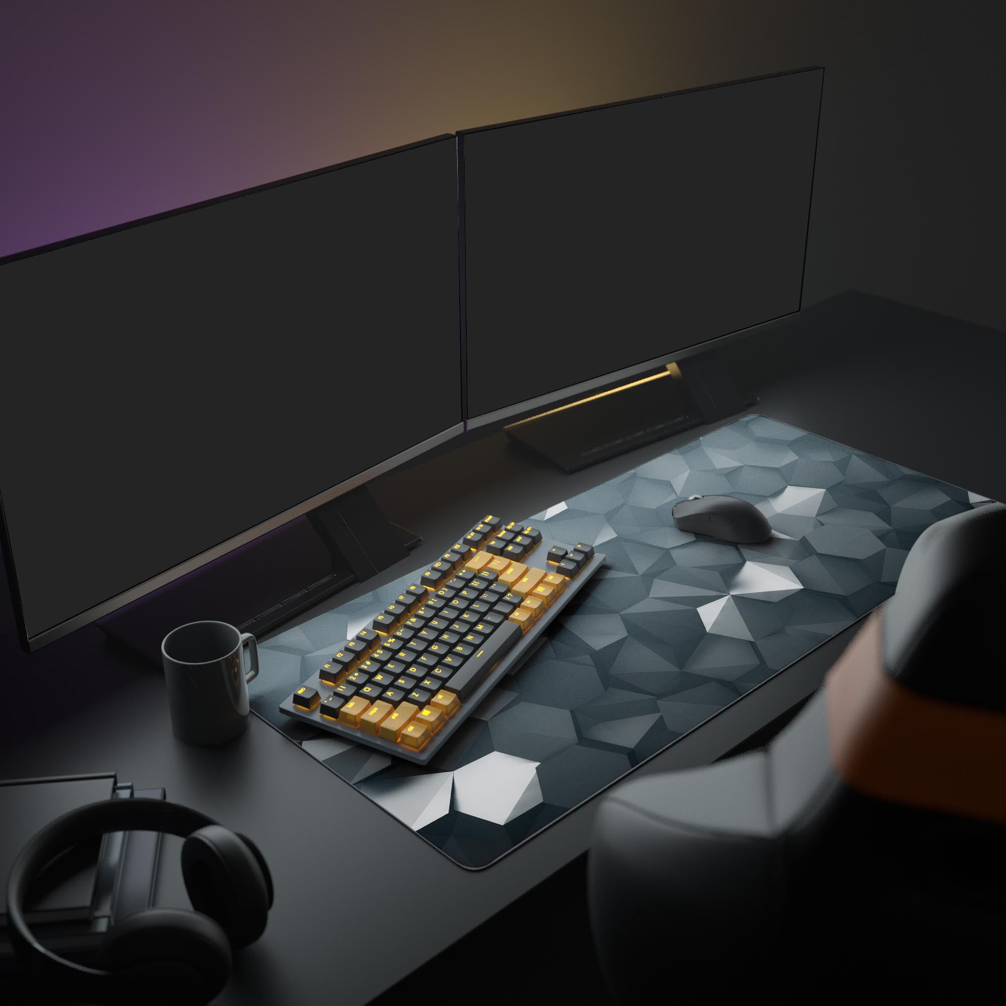 Close-up of the dark monochrome 3D geometric cube pattern on a smooth surface desk mat.