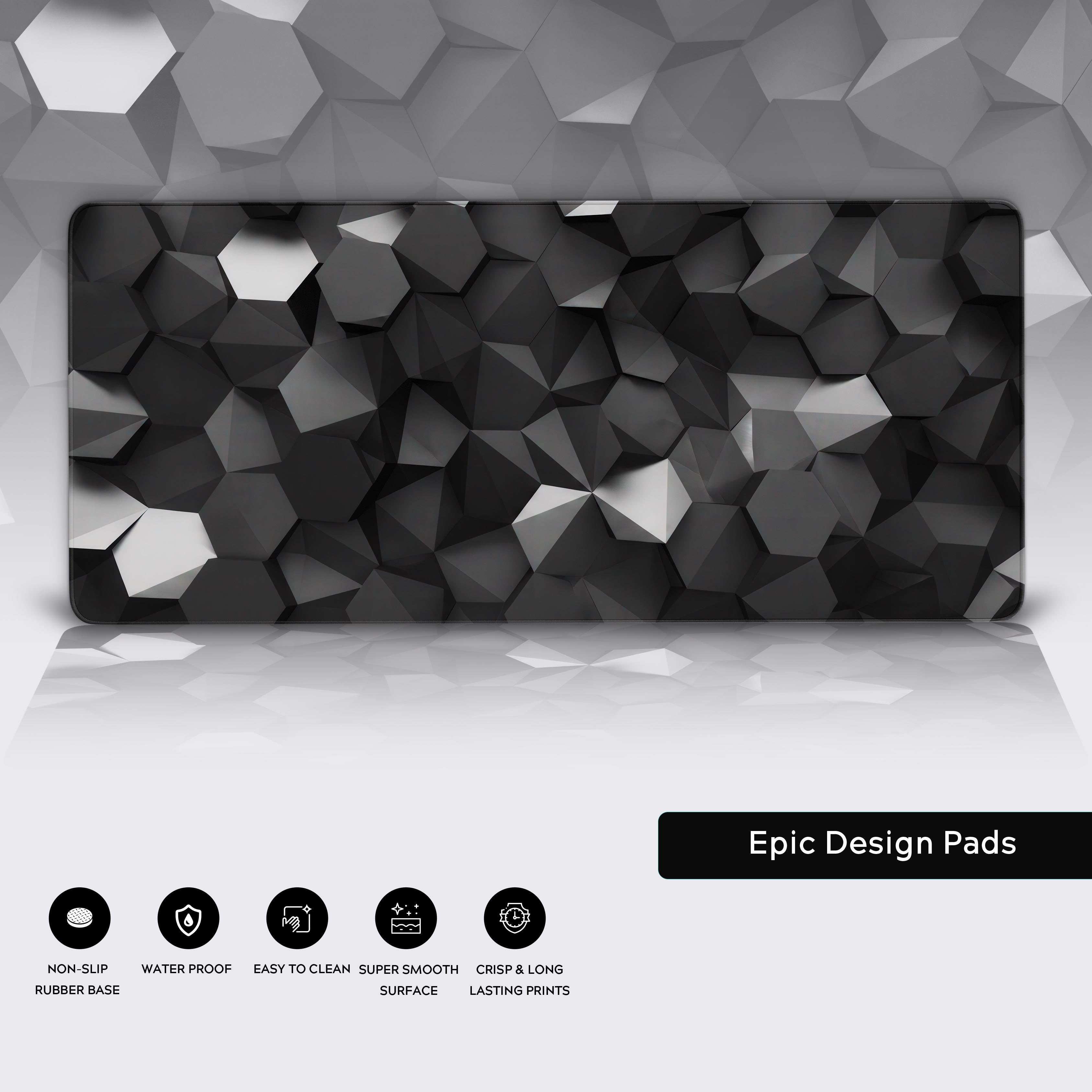 Epic Design Pads abstract dark polygonal desk mat with icons highlighting its non-slip rubber base and crisp prints.