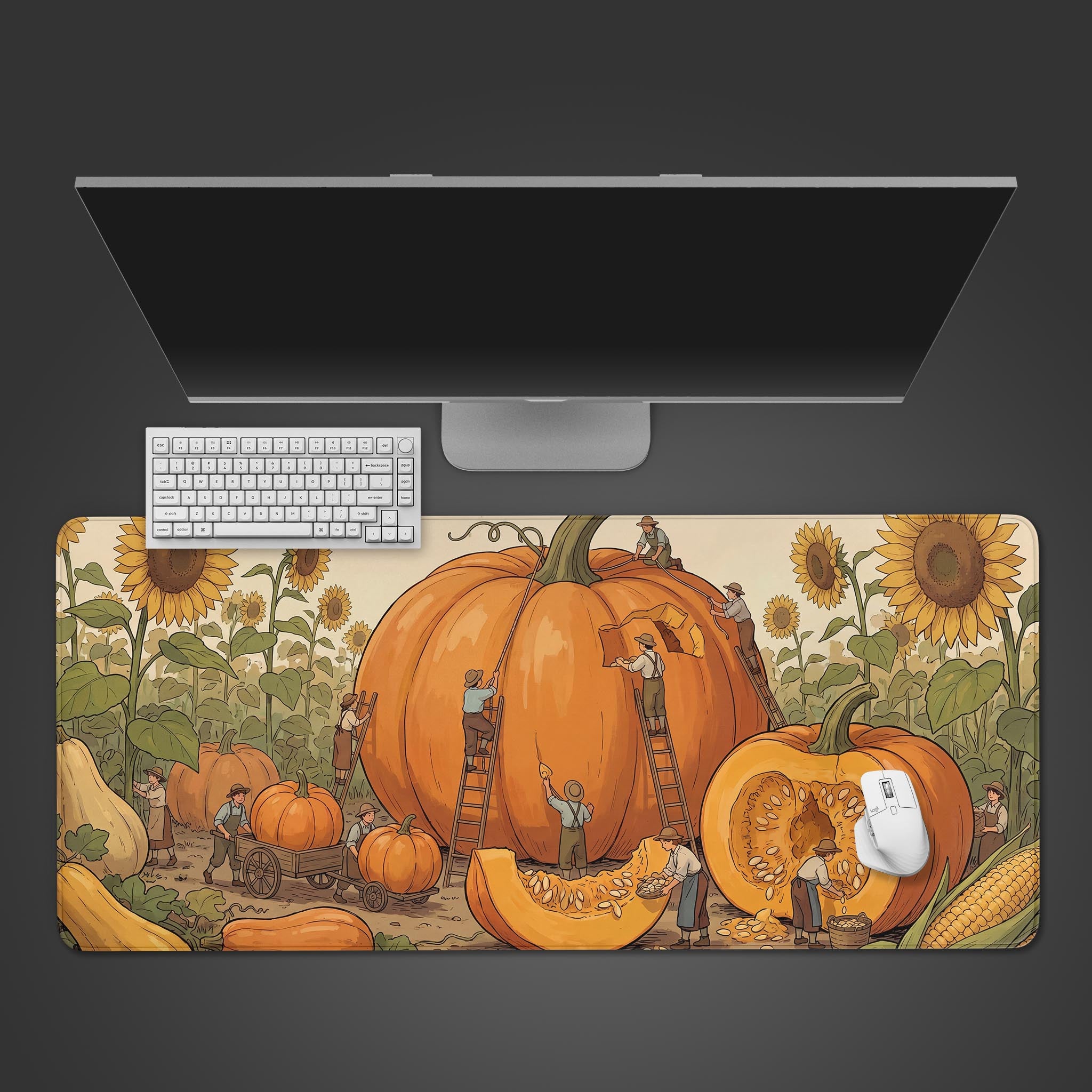 A whimsical desk mat featuring an intricate illustration of miniature farmers harvesting giant pumpkins and sunflowers.