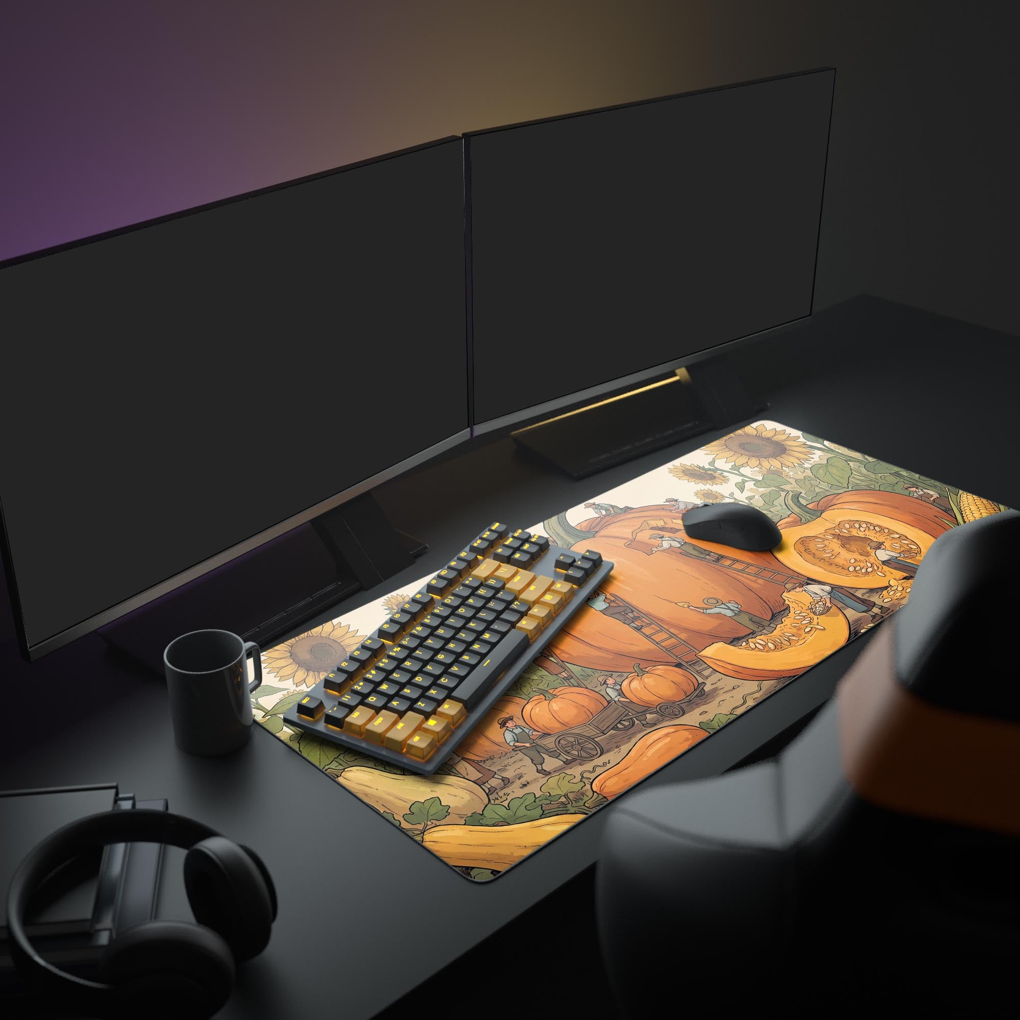 Close-up of the Pumpkin Harvest mouse pad design showing tiny workers carving a colossal orange pumpkin.