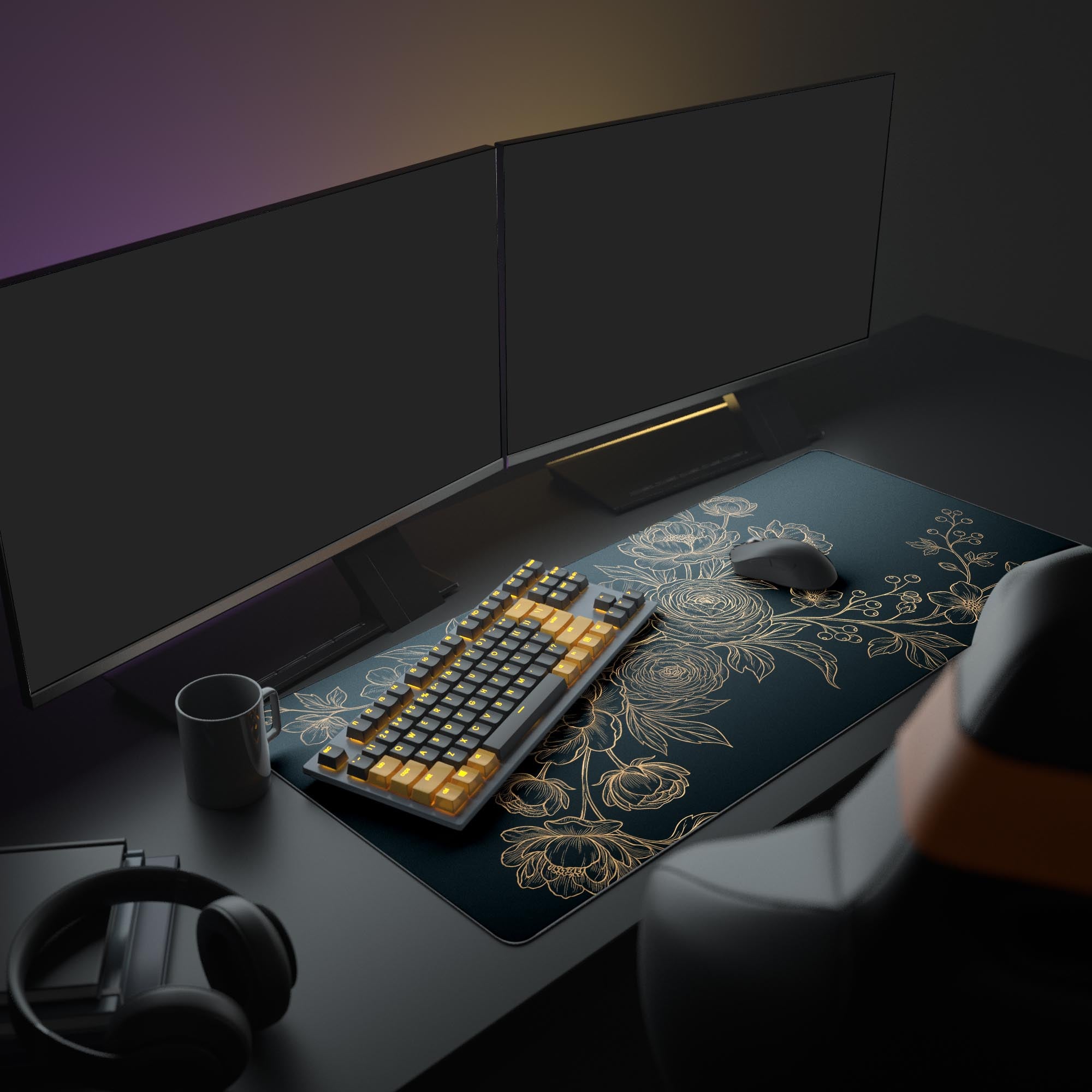 Large Gilded Flora desk mat with gold floral design, featured in a luxury office setup with dual monitors and minimalist accessories. - Epic Design Pads & Mousepads