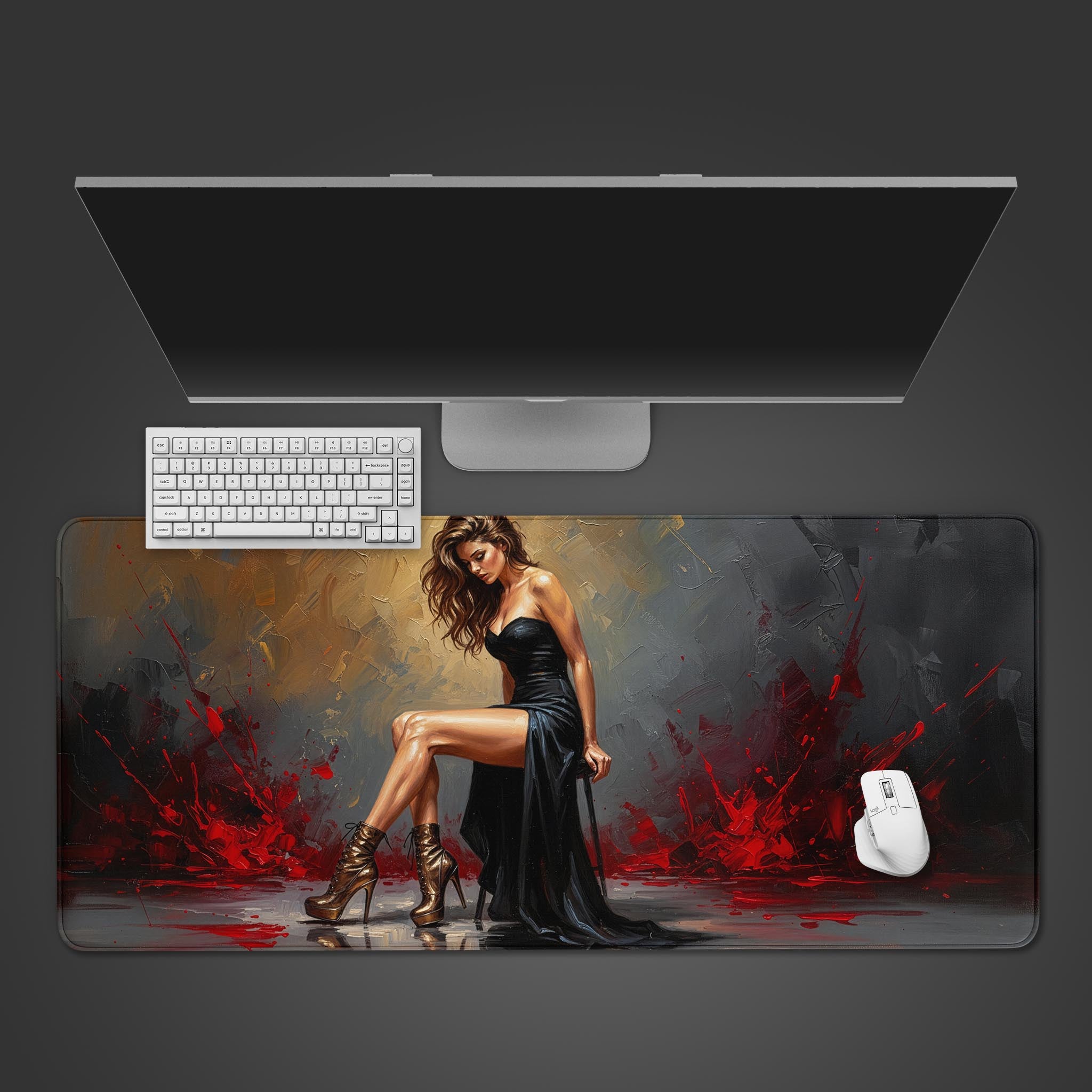 Gilded Noir desk mat with an abstract art painting of an elegant woman, shown on a desktop with a black keyboard and mouse. - Epic Design Pads