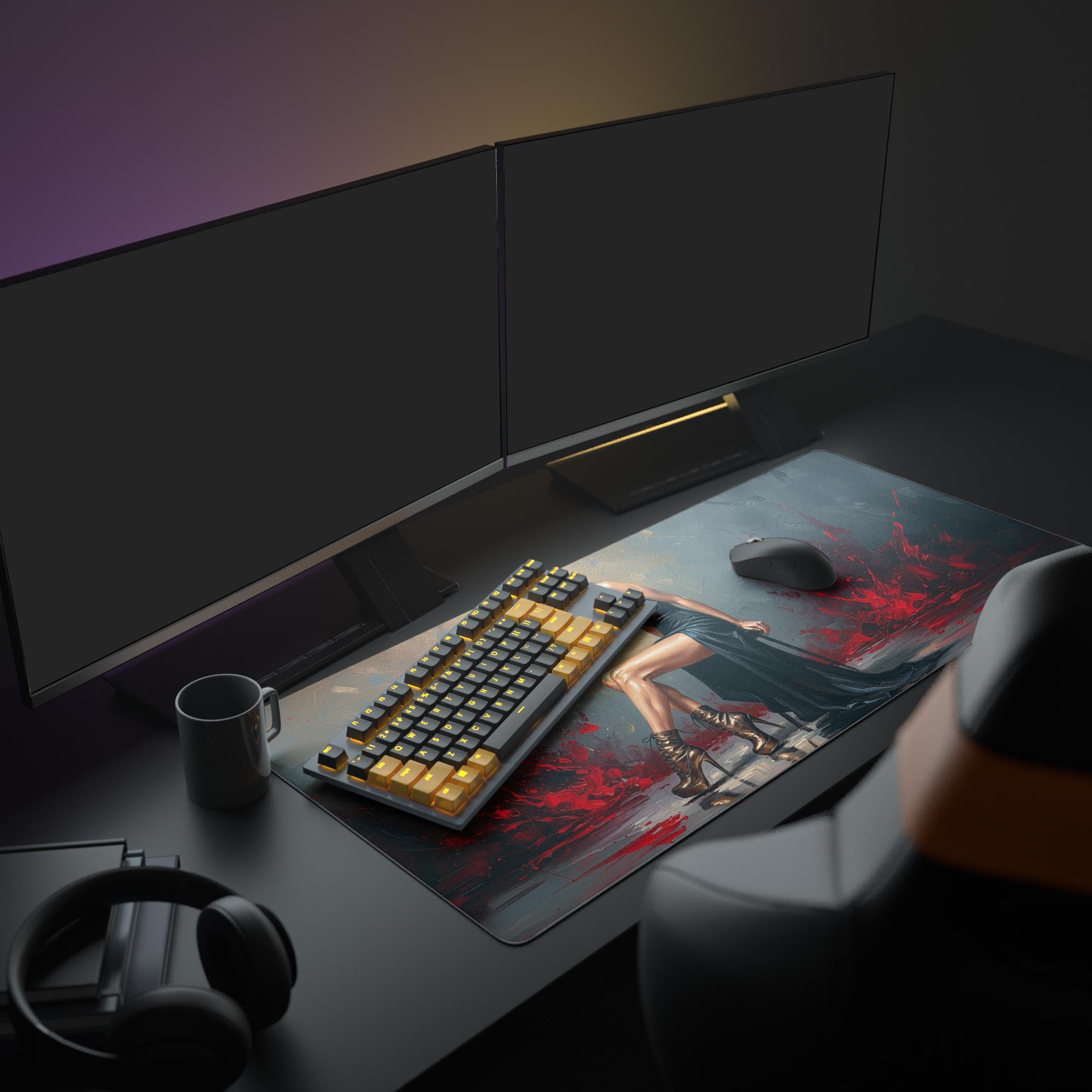 Large Gilded Noir desk mat with abstract gold and red art, displayed in a sophisticated home office setup with dual monitors and accessories. - Epic Design Pads
