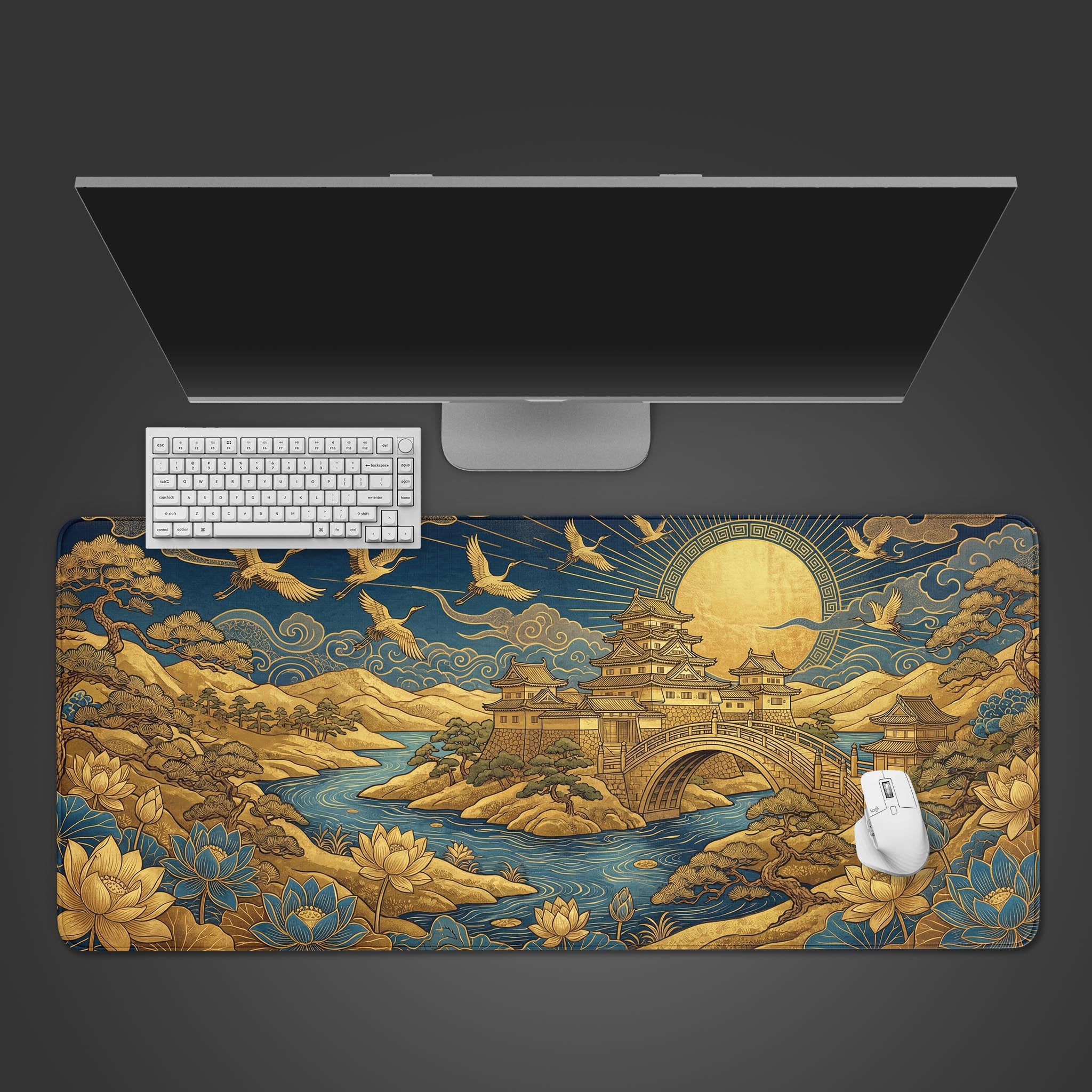 The 'Gilded Sanctuary' Japanese art gaming desk mat shown from above with a white keyboard and mouse, featuring a golden temple and blue river design. - Epic Design Pads & Mousepads
