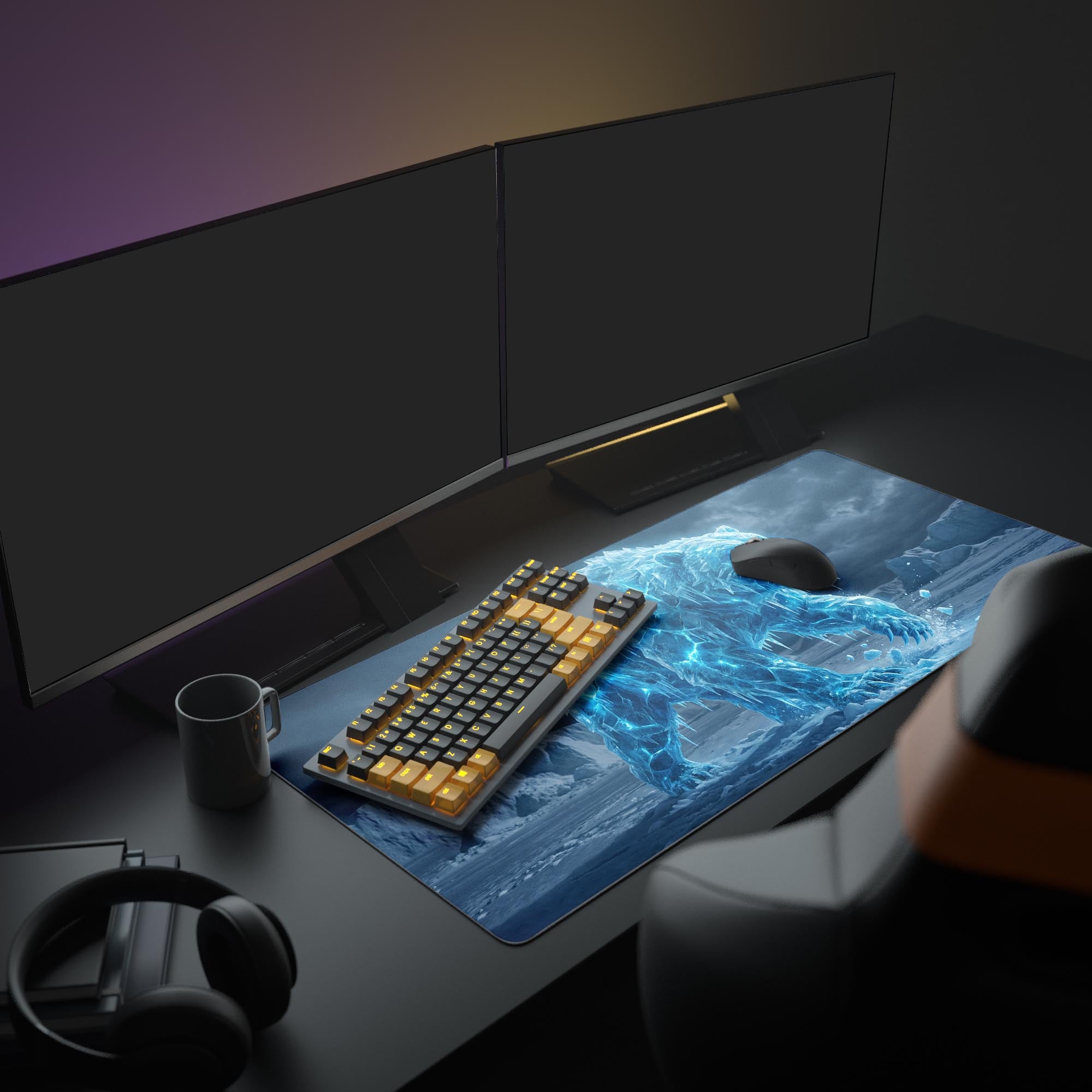 Large Glacial Beast gaming desk mat shown in a blue-themed gaming setup with dual monitors and RGB lighting. - Epic Design Pads & Mousepads