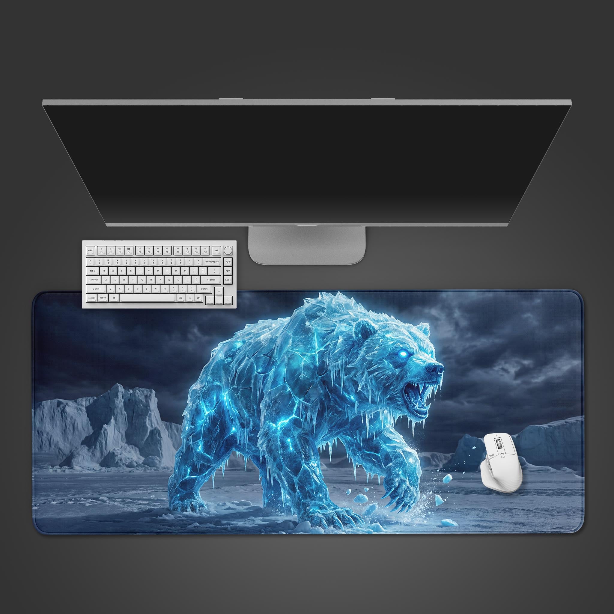 Glacial Beast gaming desk mat with an ice polar bear design. Top-down view on a desk with a gaming keyboard and mouse. - Epic Design Pads & Mousepads