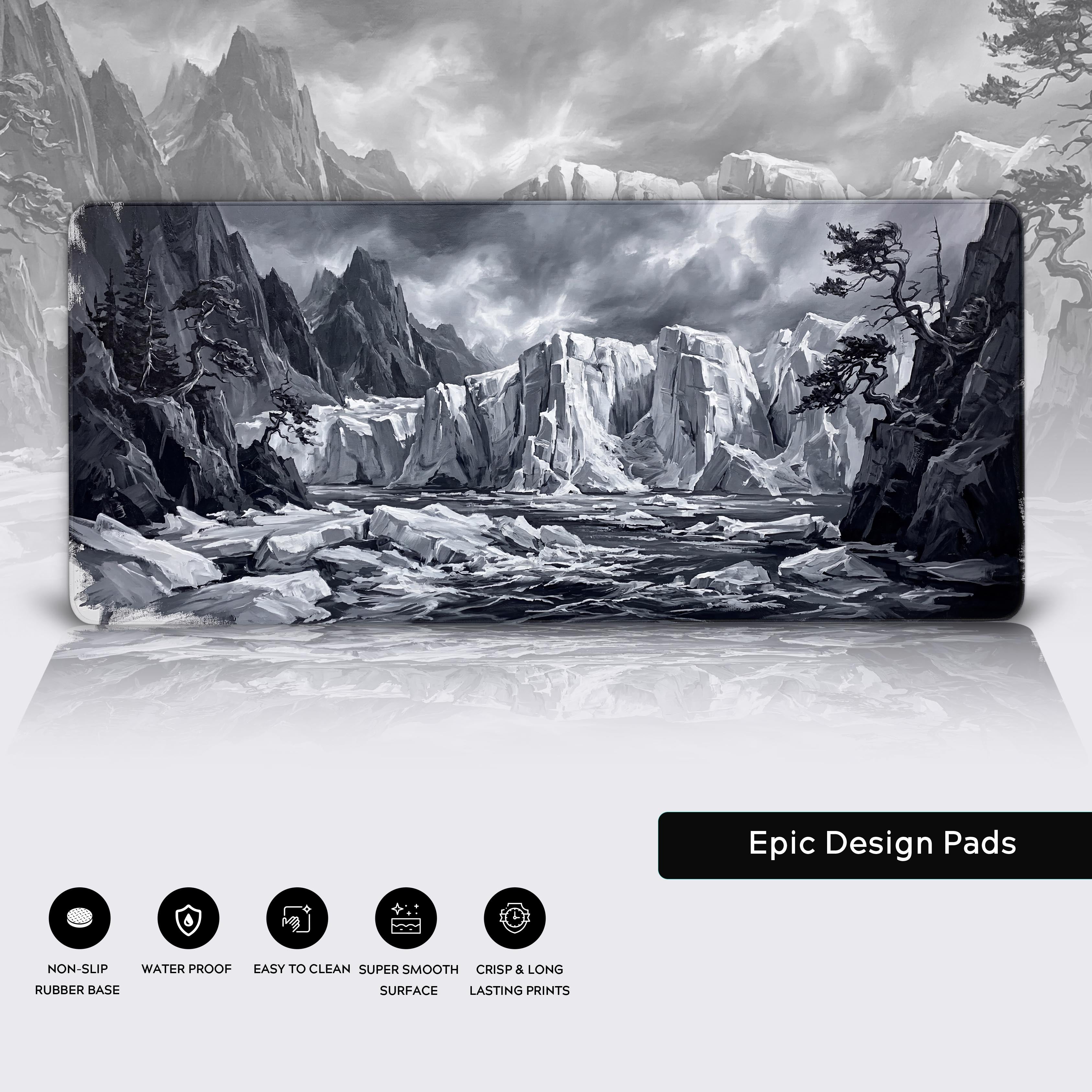 Epic Design Pads desk mat with icons highlighting waterproof, non-slip, and easy-to-clean features.