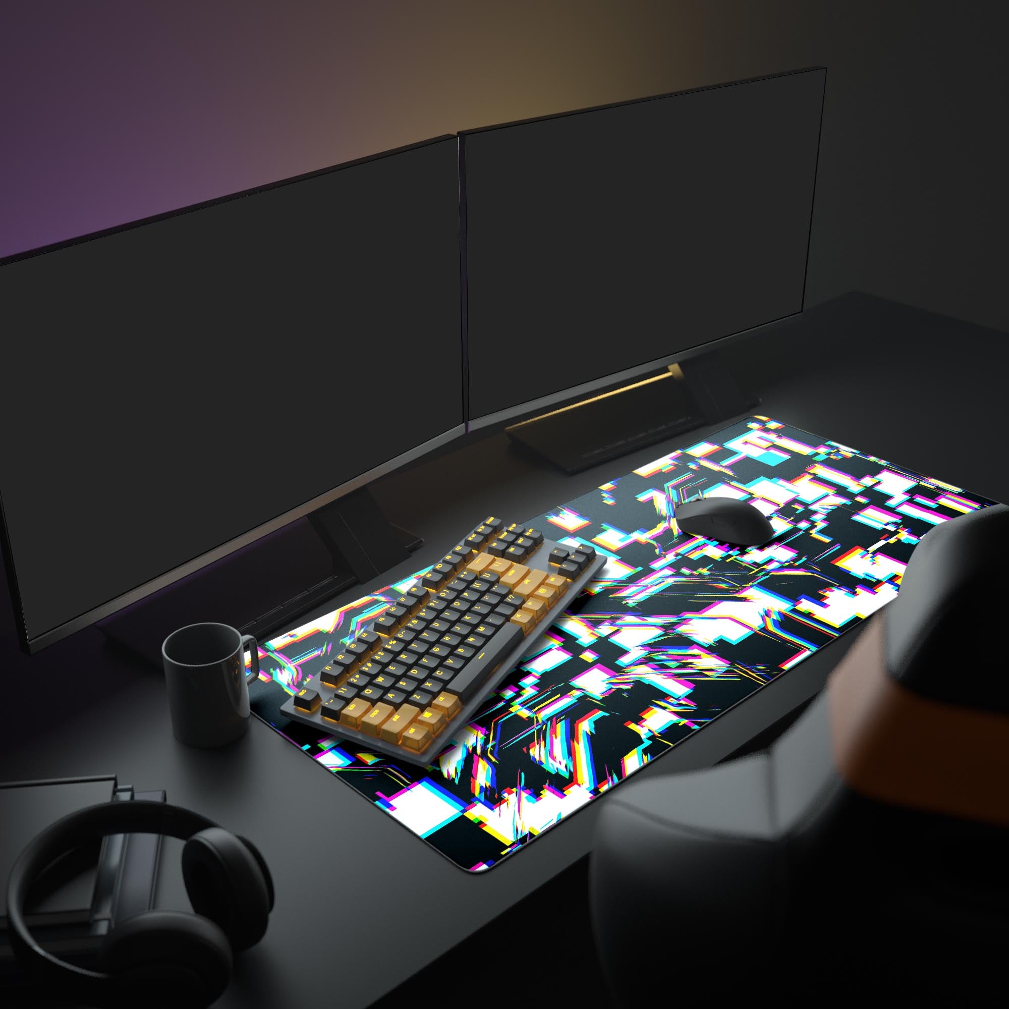 Close-up of cyberpunk digital glitch mouse pad showing abstract geometric patterns.