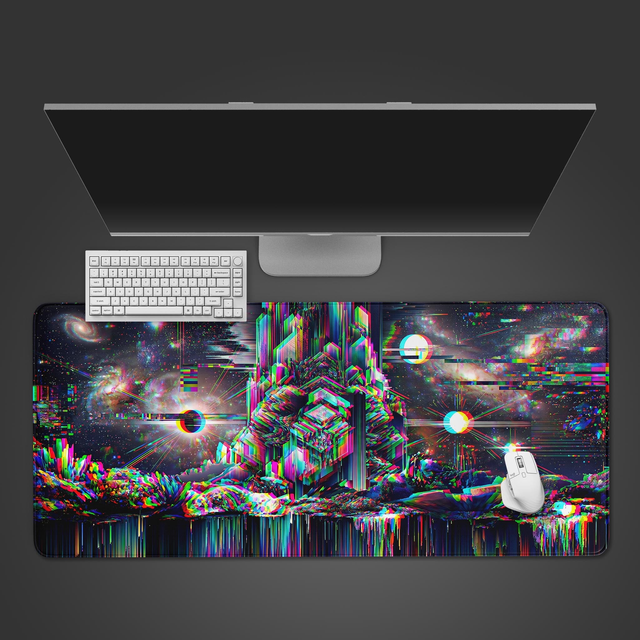 A vibrant glitch art desk mat featuring a neon geometric structure in a starry galaxy