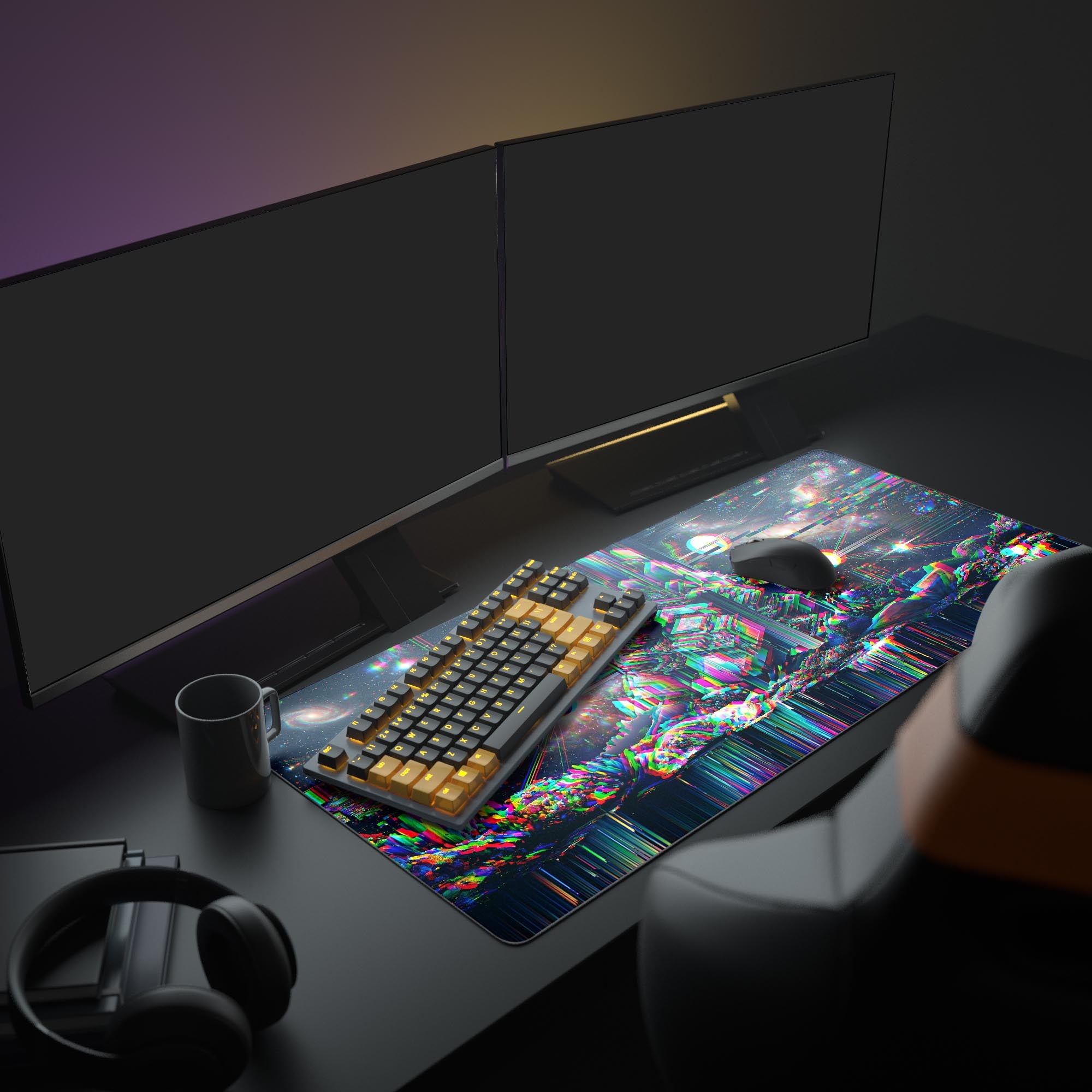 Close-up of the chromatic aberration and psychedelic colors on the space-themed gaming mouse pad