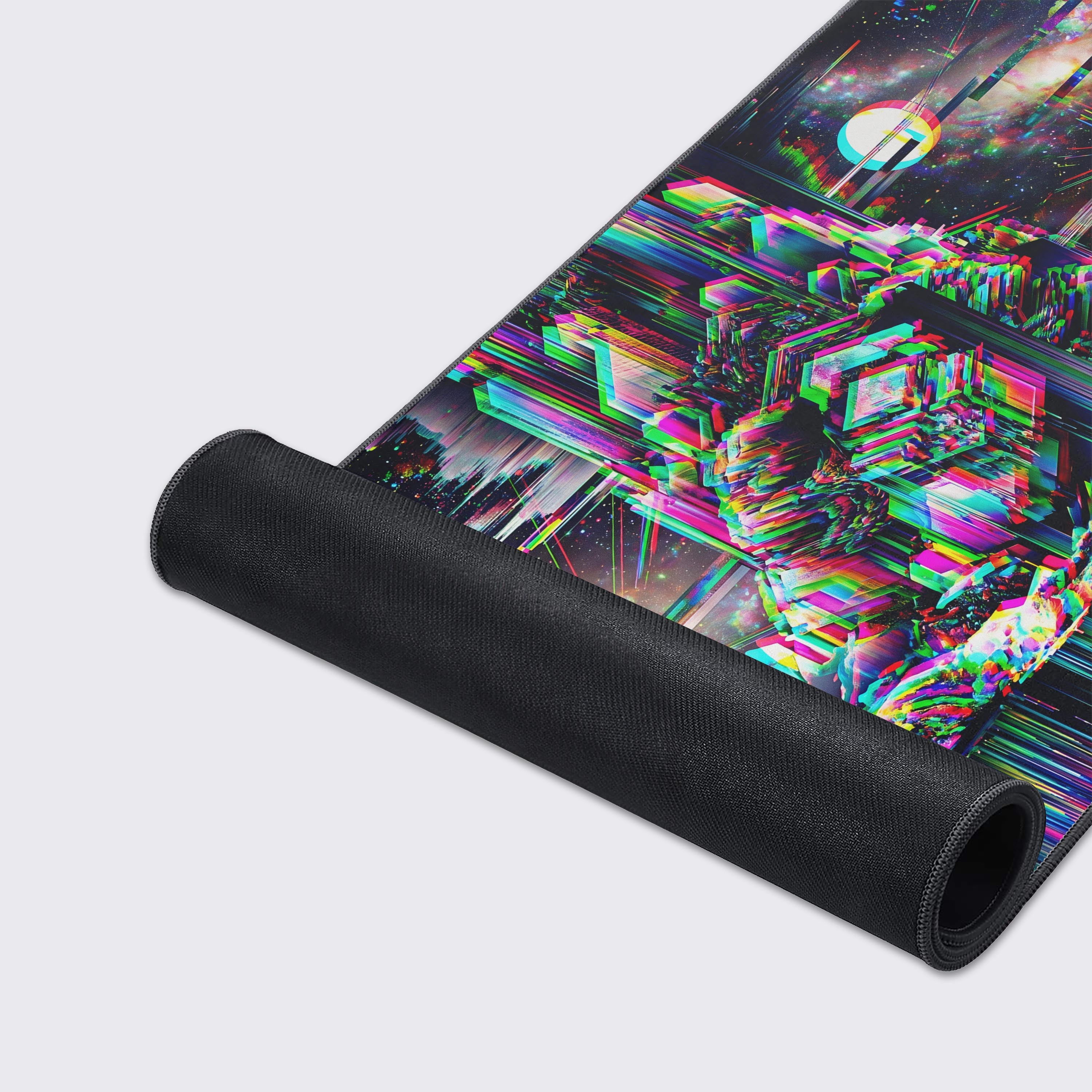 Product feature icons highlighting non-slip base, waterproof surface, and crisp printing for the desk mat