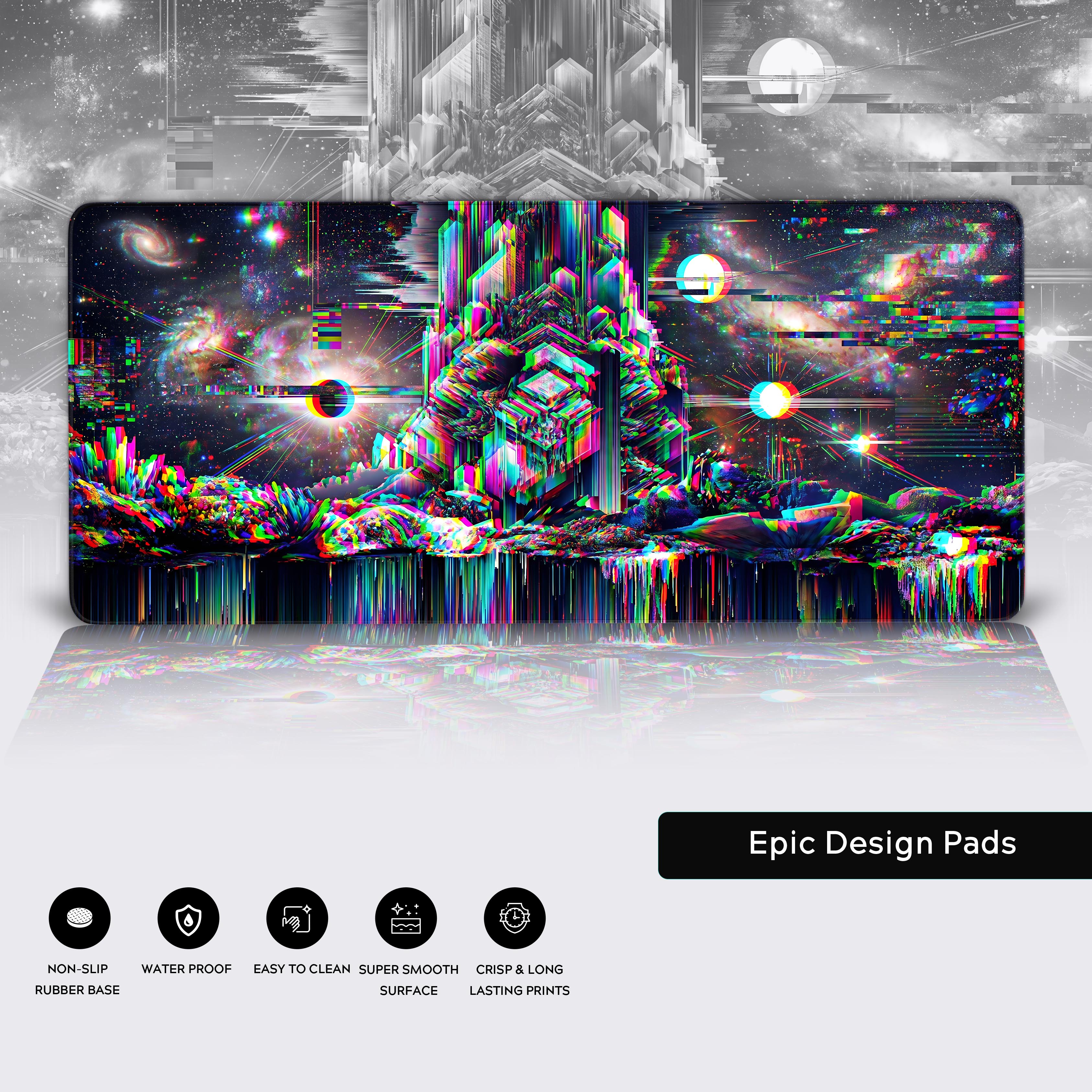 Epic neon cyberpunk glitch desk mat showcasing vivid colors and smooth surface design