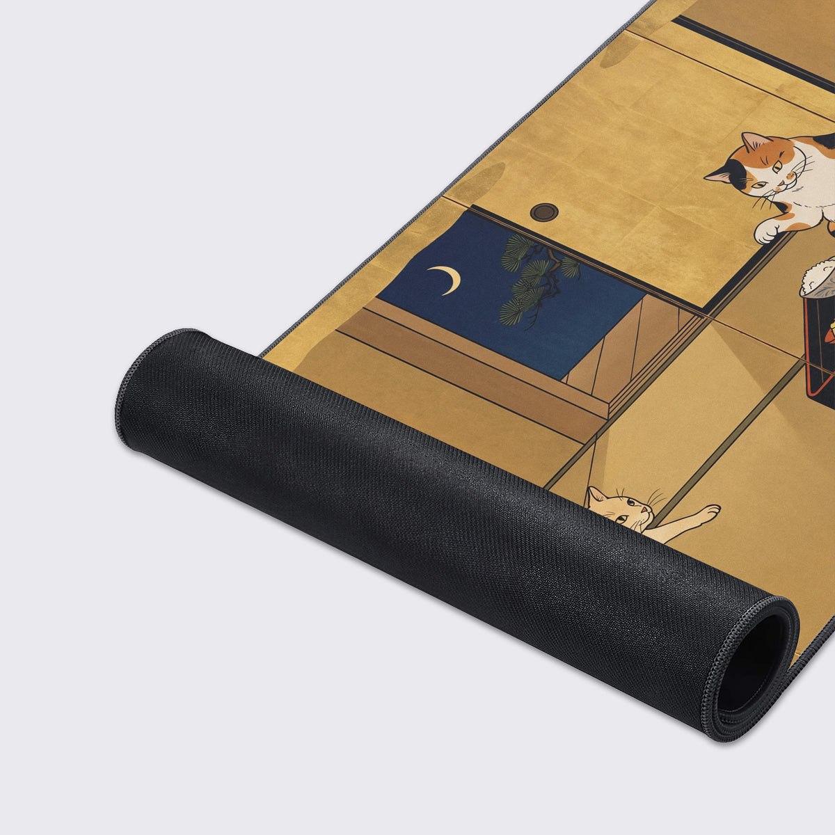 Detail of a black cat and an orange cat sneaking across the tatami room towards the table.