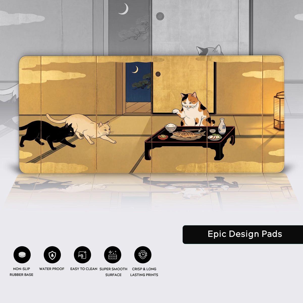 Product feature icons displayed below the main Gilded Supper desk mat design.