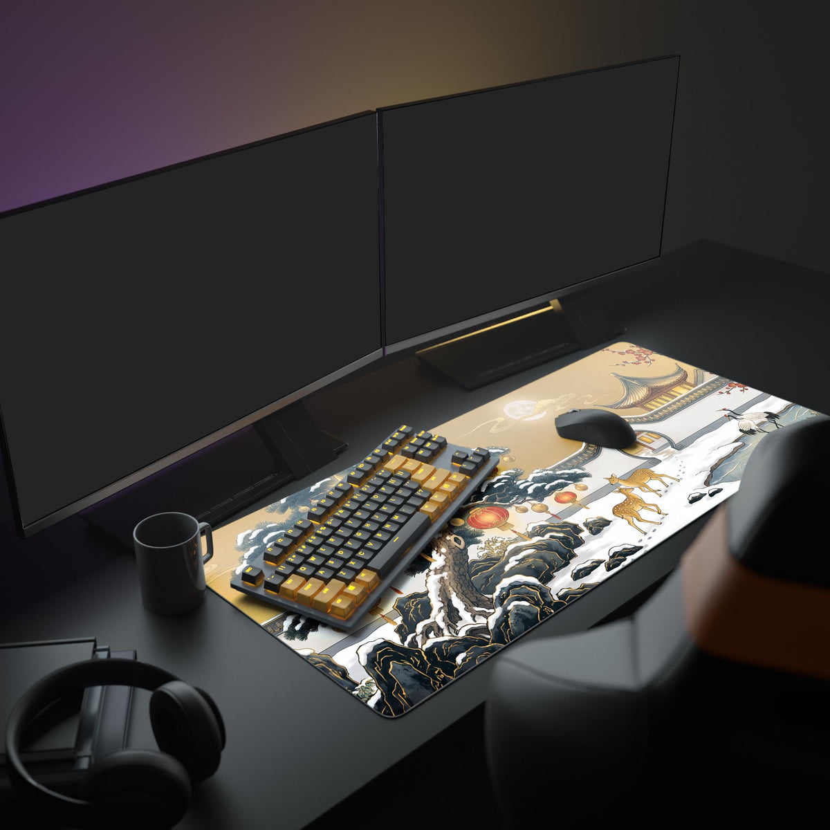 Desk mat with snowy pine, lanterns and deer in a dark room setup with dual monitors, gold-key keyboard, mouse, mug, headset