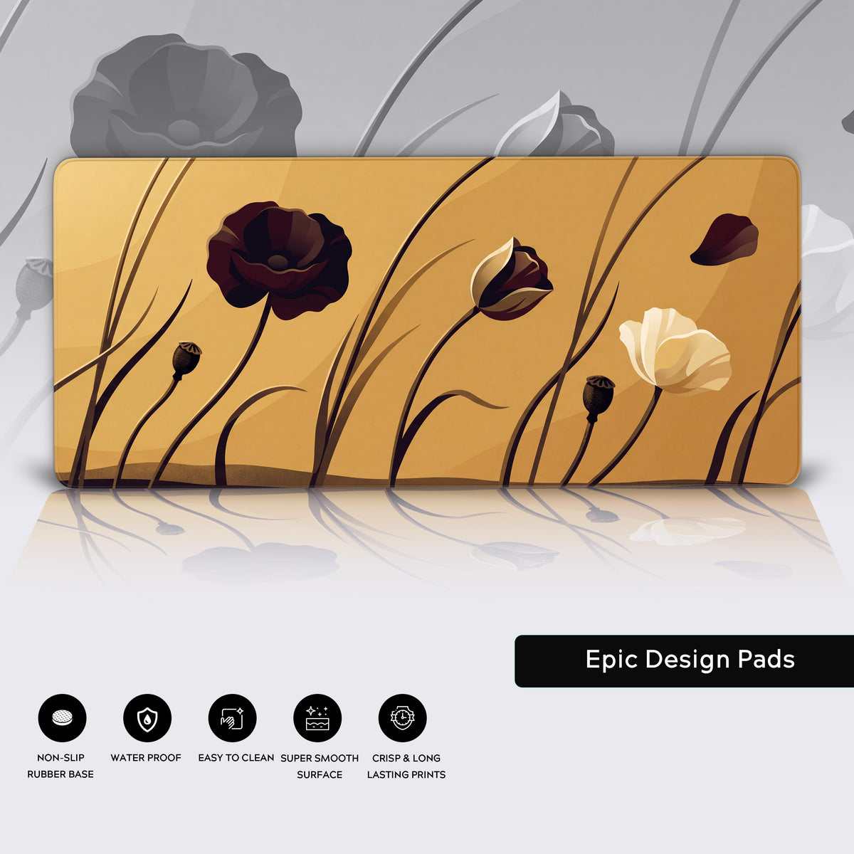 Features panel: golden mat with dark brown and cream poppies on tall stems over a faded copy of the art, with five icons