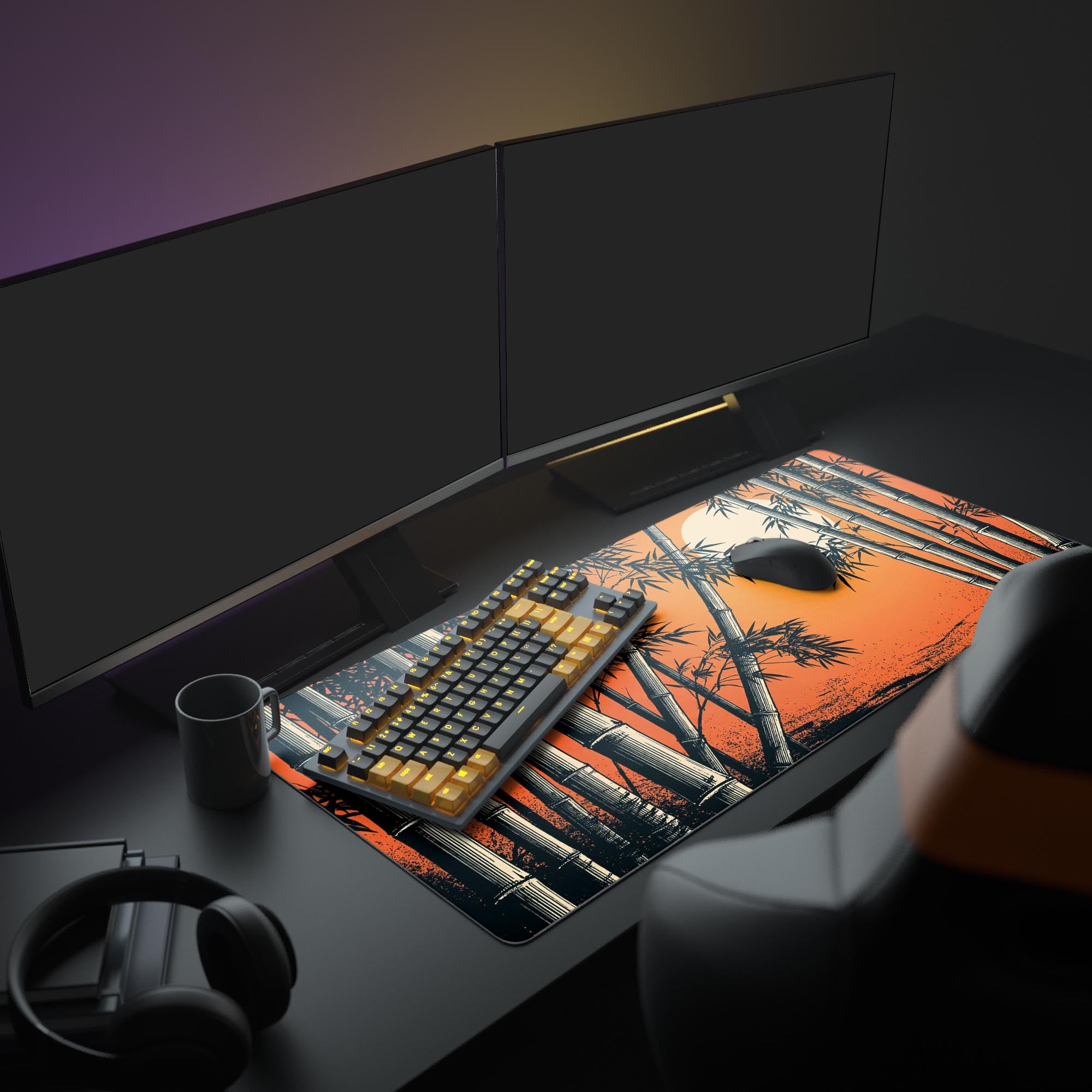 A full pc setup showcasing the Golden Bamboo XL mouse pad, providing a foundation for a gaming keyboard and mouse, enhancing the overall desk aesthetic. - Epic Design Pads & Mousepads