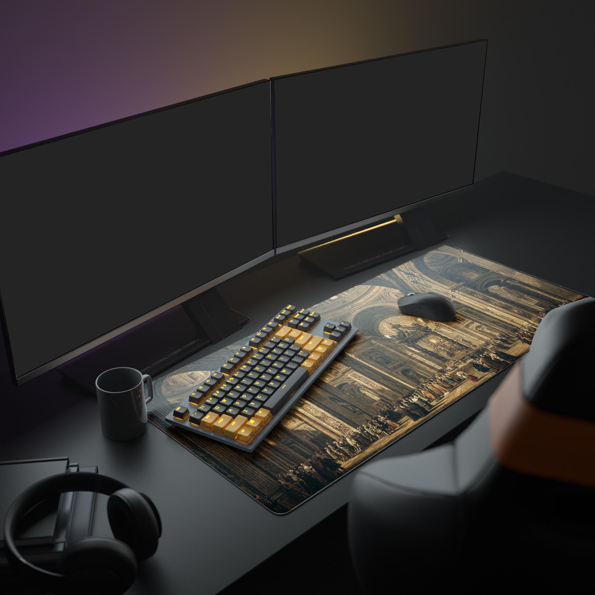 A full PC setup featuring the Golden Basilica XL mouse pad, displaying a detailed Baroque church interior. The mat complements a modern desk with monitors and peripherals, creating a Dark Academia aesthetic. - Epic Design Pads & Mousepads