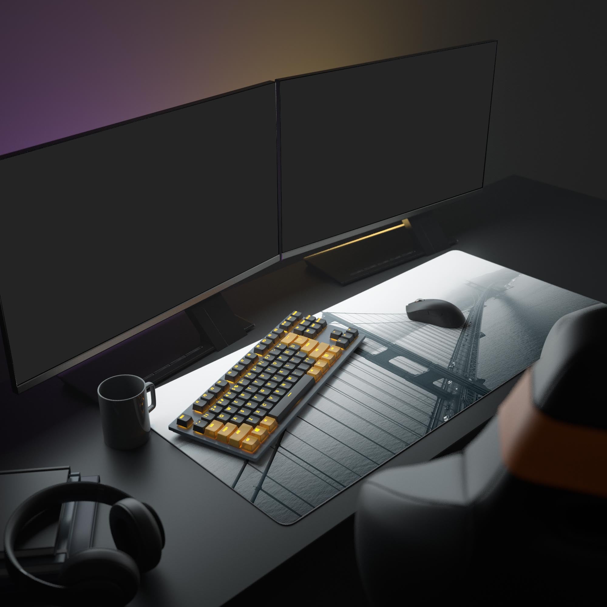 Large Golden Gate Bridge desk mat in a modern office setup with dual monitors, a mechanical keyboard, and headphones. - Epic Design Pads