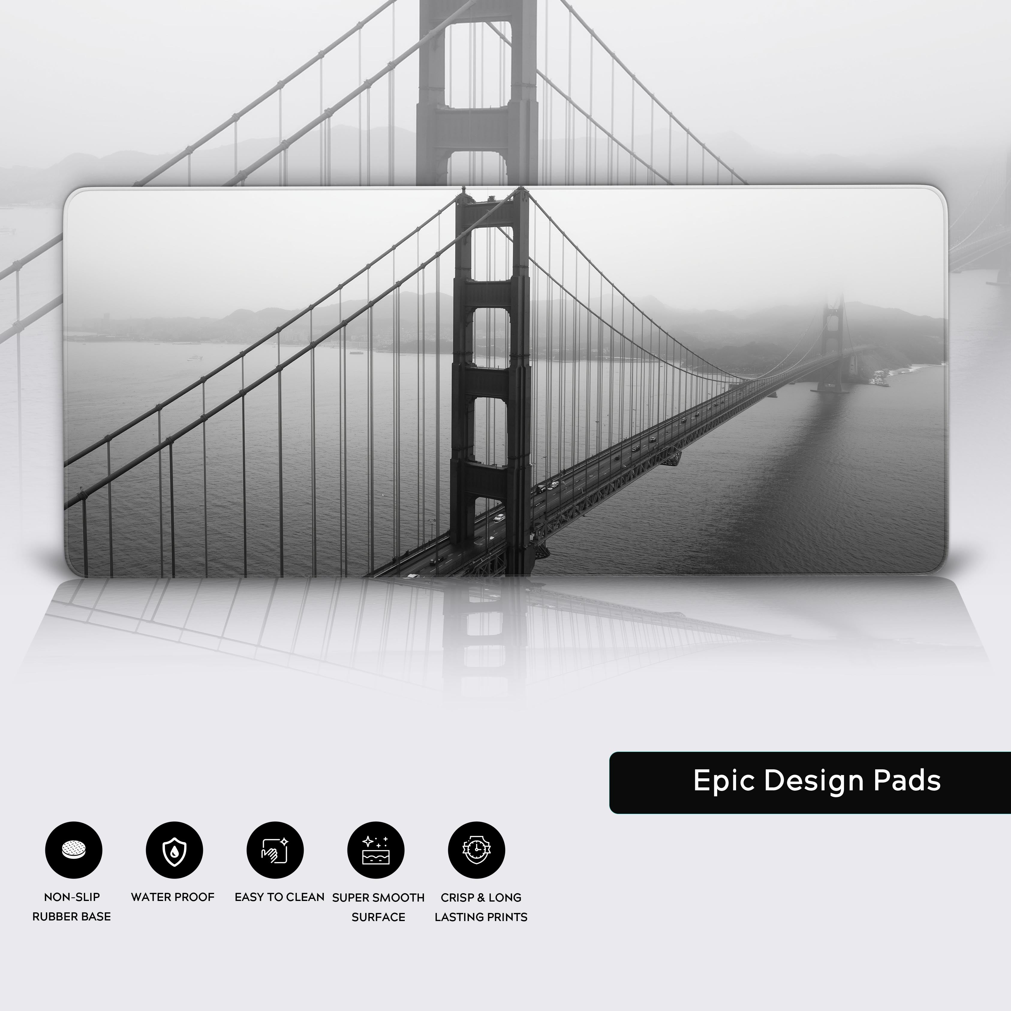 Close-up of the Golden Gate Bridge desk mat showing its premium stitched edges, waterproof surface, and anti-slip rubber base. - Epic Design Pads