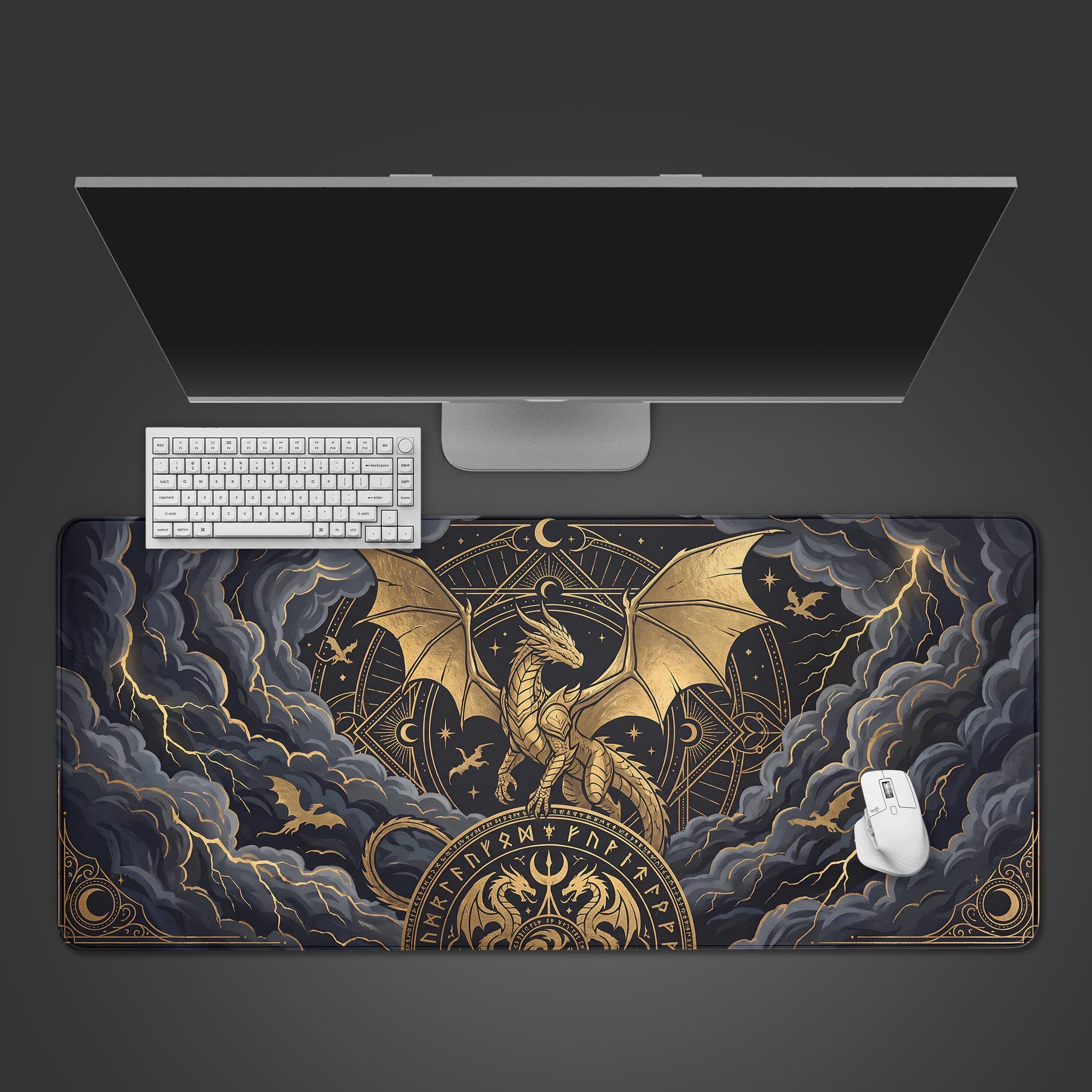 Golden Dragon dark fantasy XL desk mat featuring intricate celestial runes and storm clouds