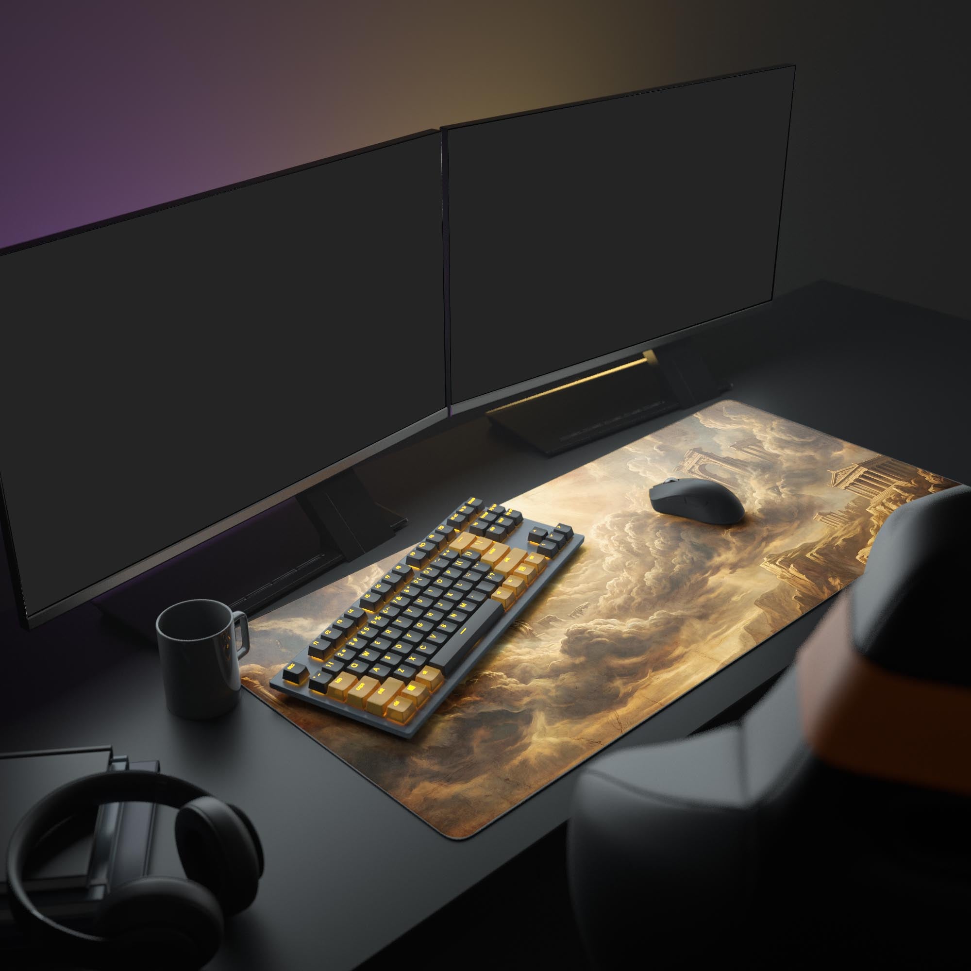 A complete PC setup featuring the Golden Elysium XL mouse pad, which depicts a heavenly scene of ancient ruins, anchoring a gaming monitor and keyboard. - Epic Design Pads & Mousepads
