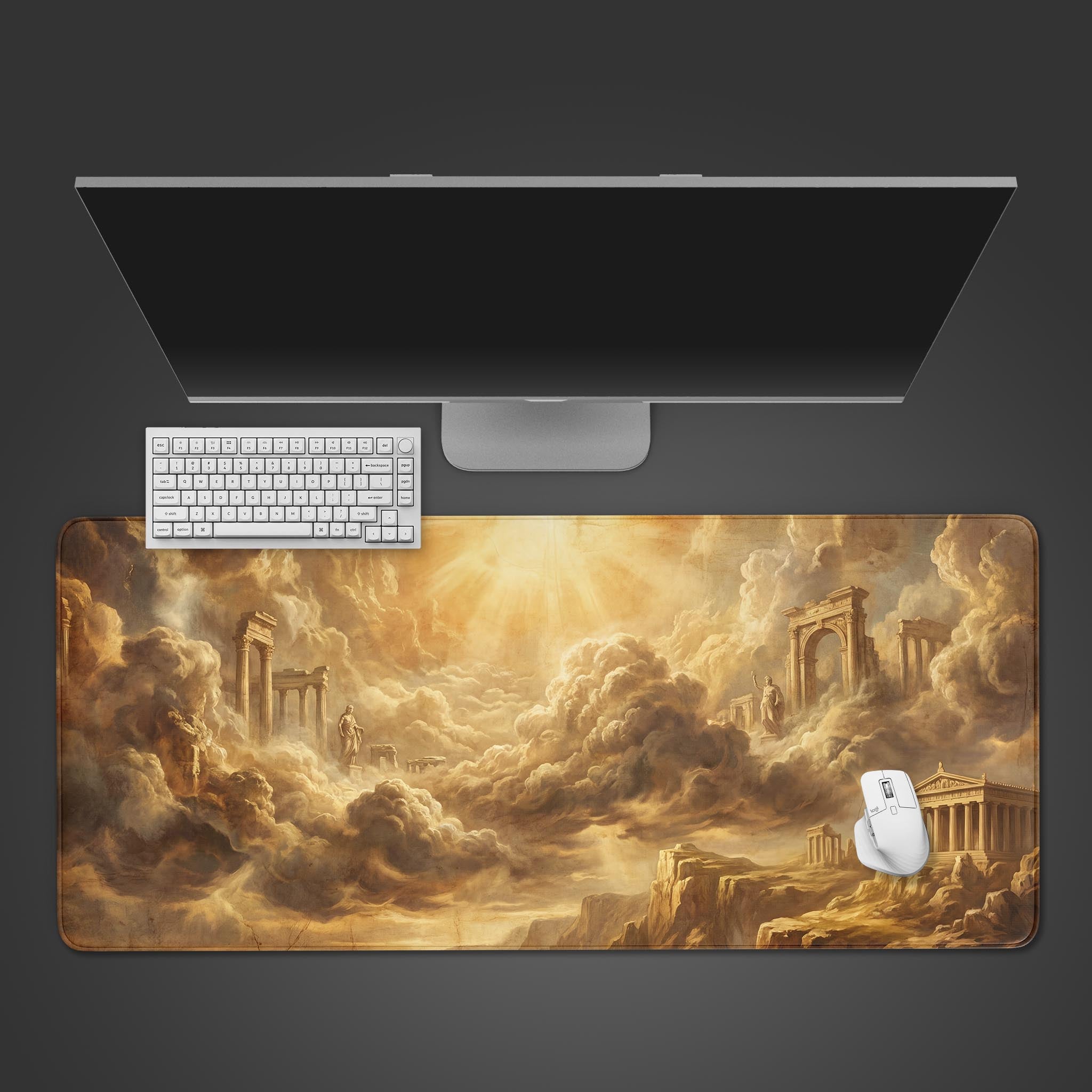 Top-down view of the Golden Elysium gaming desk mat, featuring epic mythological ruins among clouds, with a white keyboard and mouse. - Epic Design Pads & Mousepads